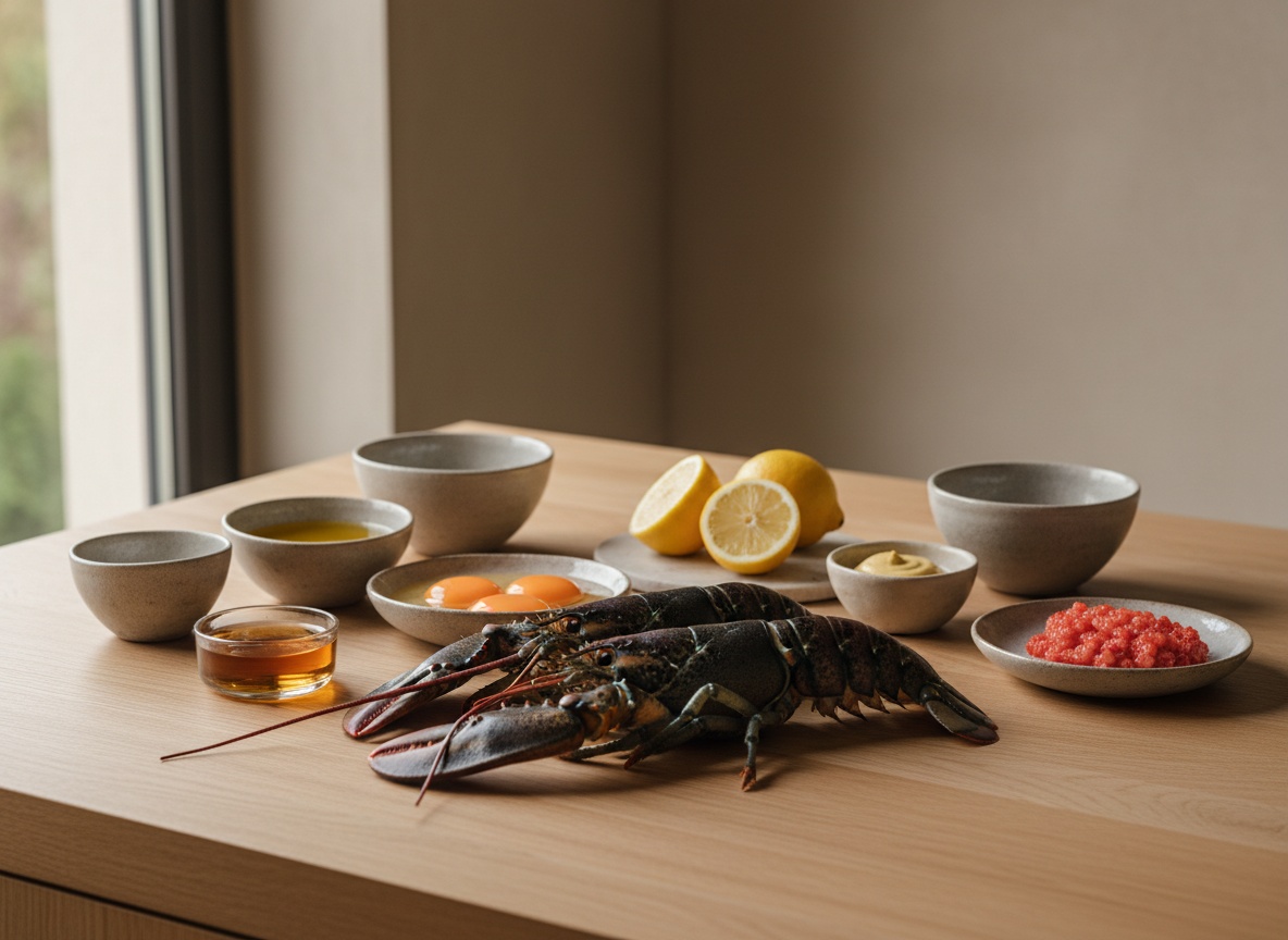 Ingredientes del bogavante frío con mahonesa de coral vistos de lado en ángulo de 45 grados sobre encimera de roble: bogavantes vivos, cuencos de cerámica con yemas de huevo, aceite, limón, mostaza y coñac, luz natural por la izquierda.