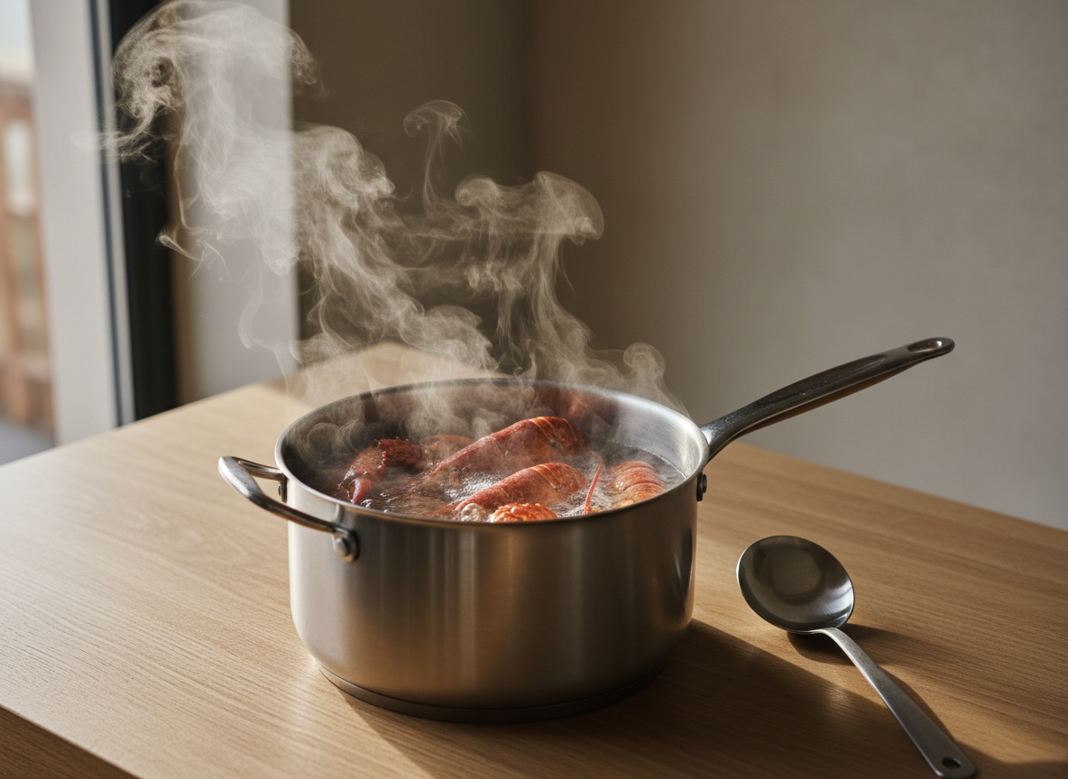 Bogavantes cociéndose en una olla de agua hirviendo con sal sobre encimera de roble, vapor y luz natural lateral.