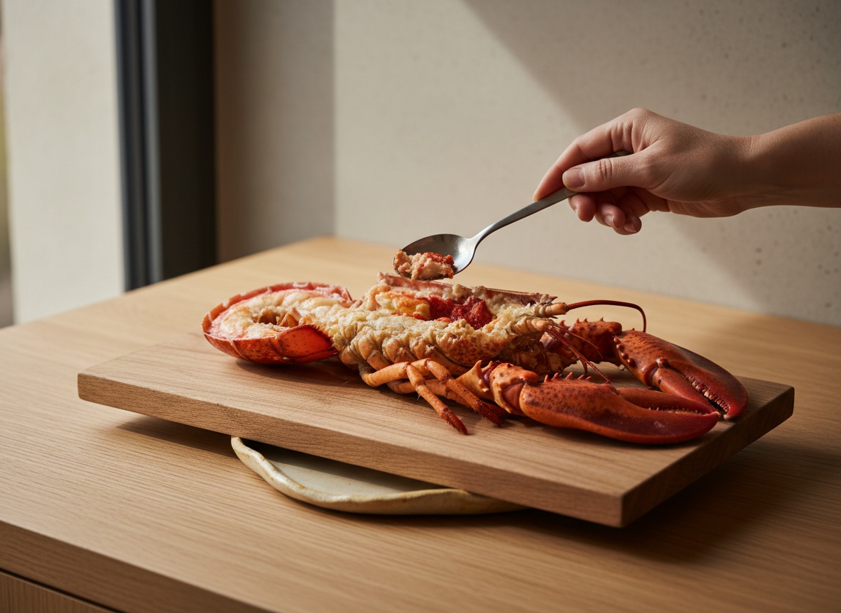 Bogavante abierto a lo largo sobre una tabla, con una cucharilla recogiendo el coral de la cabeza, cerámica de fondo.