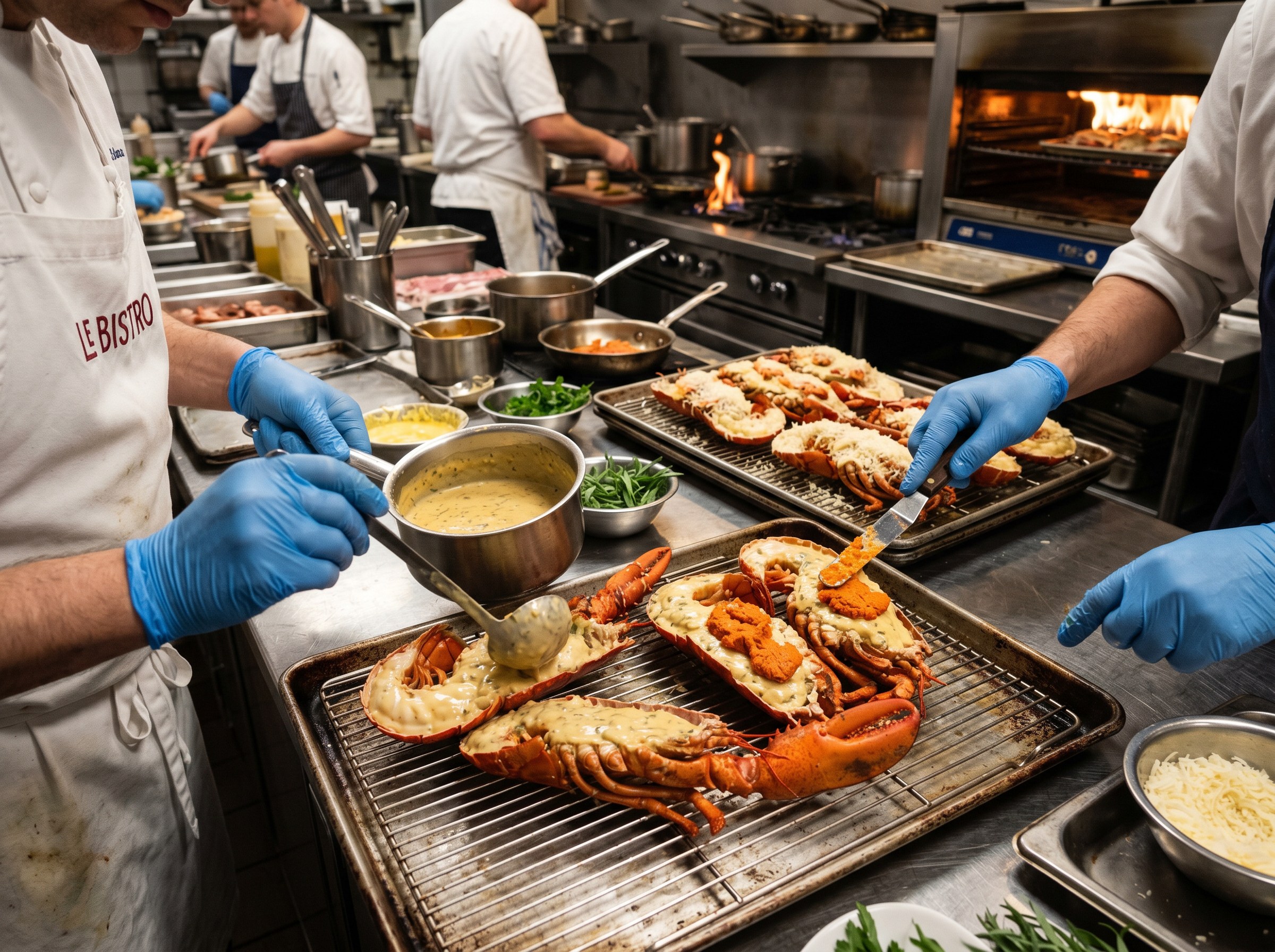 Mitades de bogavante siendo rellenadas con salsa Thermidor