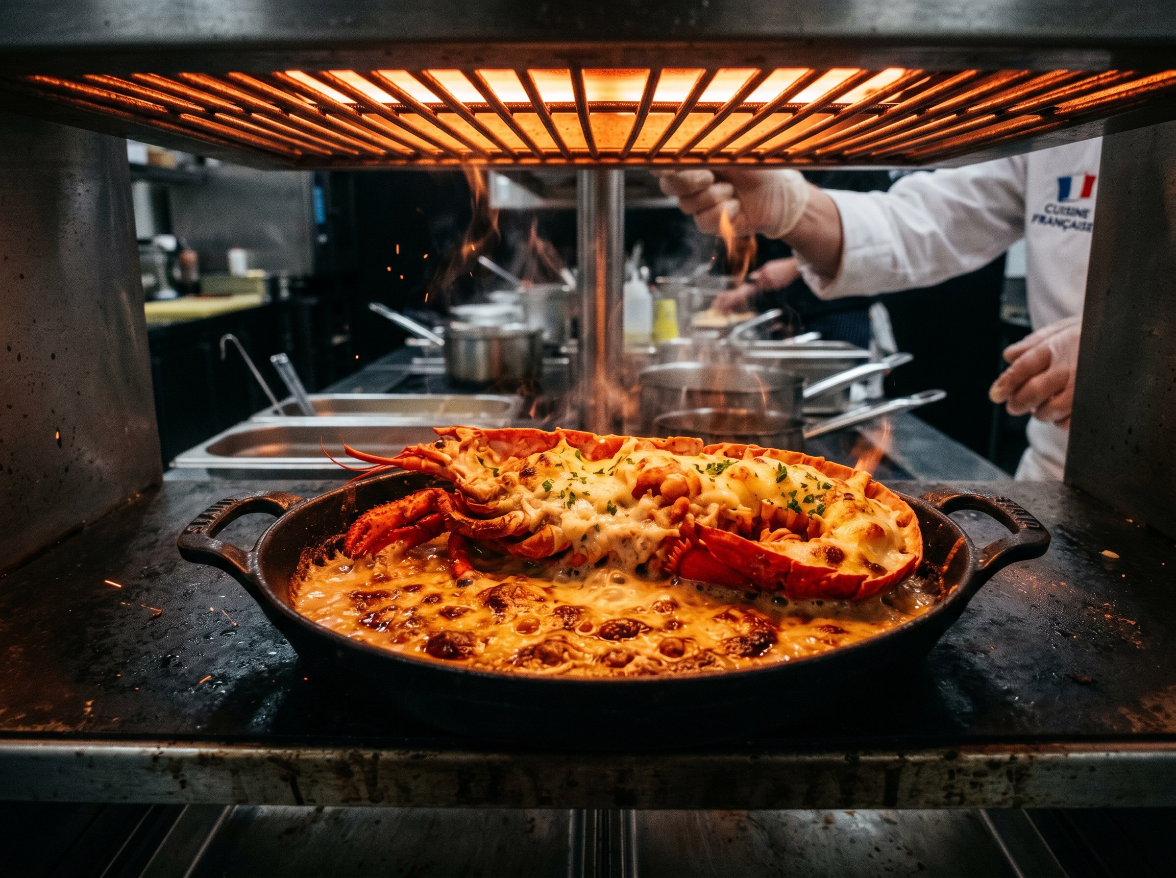 Bogavante gratinando bajo el grill hasta dorado y burbujeante