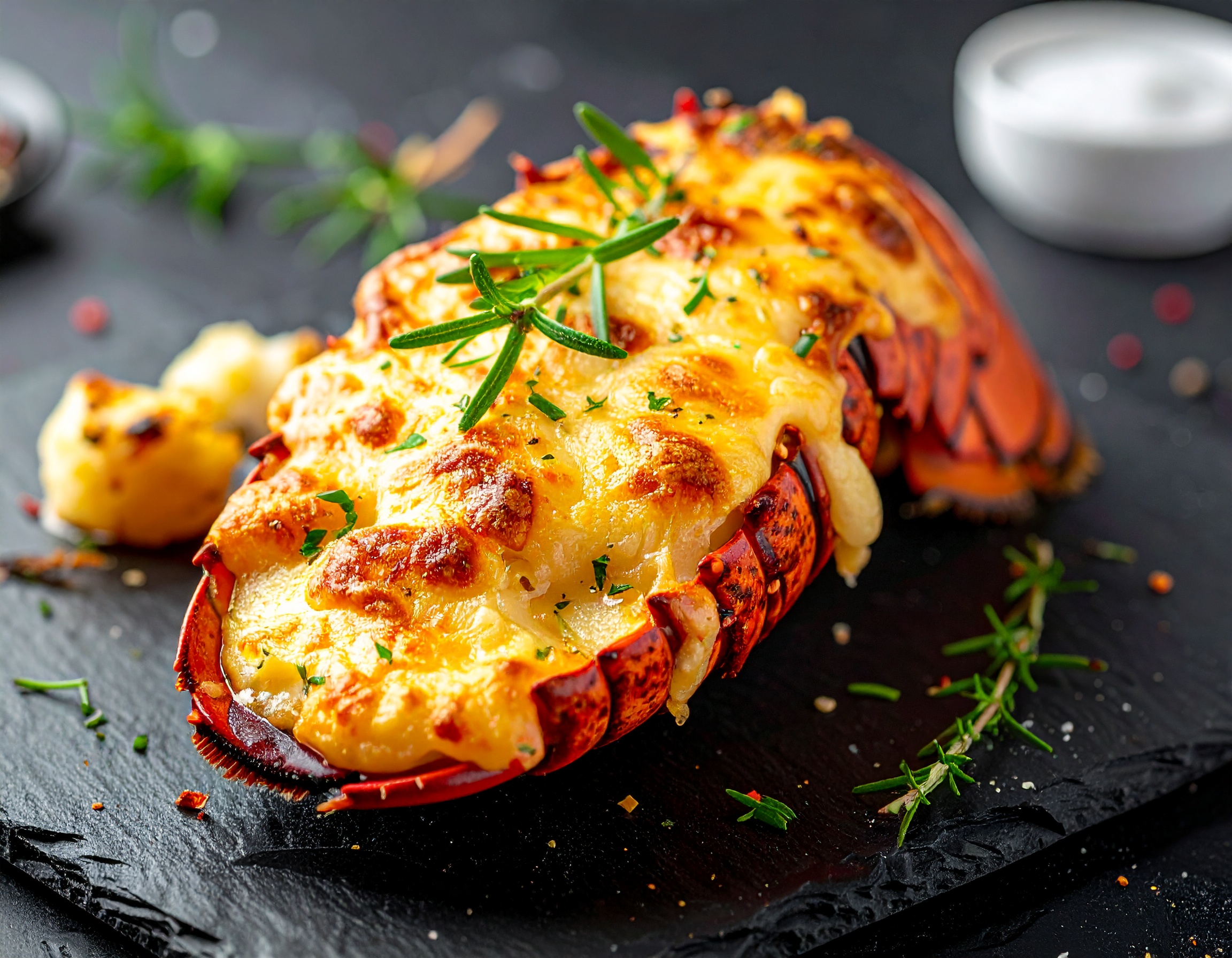 Bogavante Thermidor al coñac gratinado con gruyère, emplatado en su caparazón