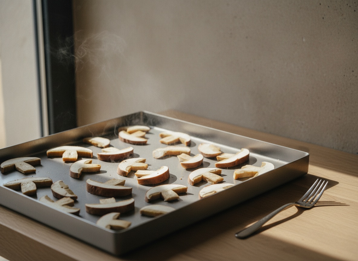 Láminas gruesas de boletus colocadas en la plancha humeante sin amontonar, con luz por la izquierda.