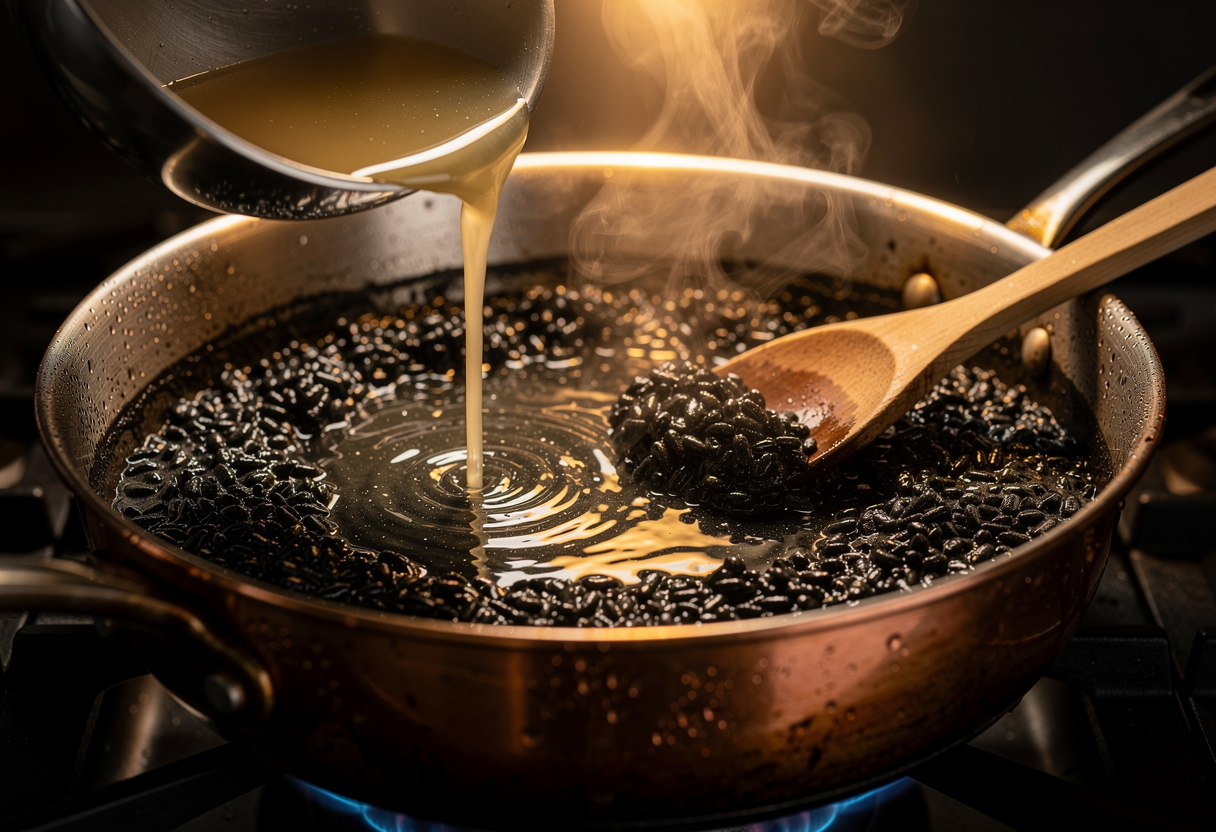 Risotto negro con tinta de calamar cocinándose, caldo cayendo en hilo