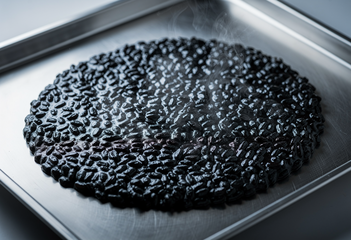 Risotto negro extendido en bandeja enfriándose