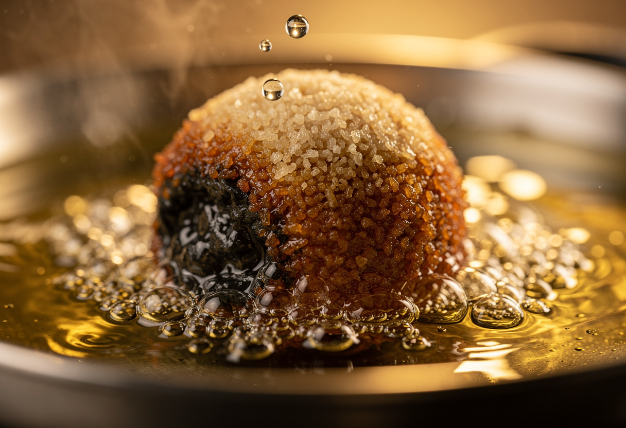 Bolita de risotto negro friéndose en aceite dorado burbujeante