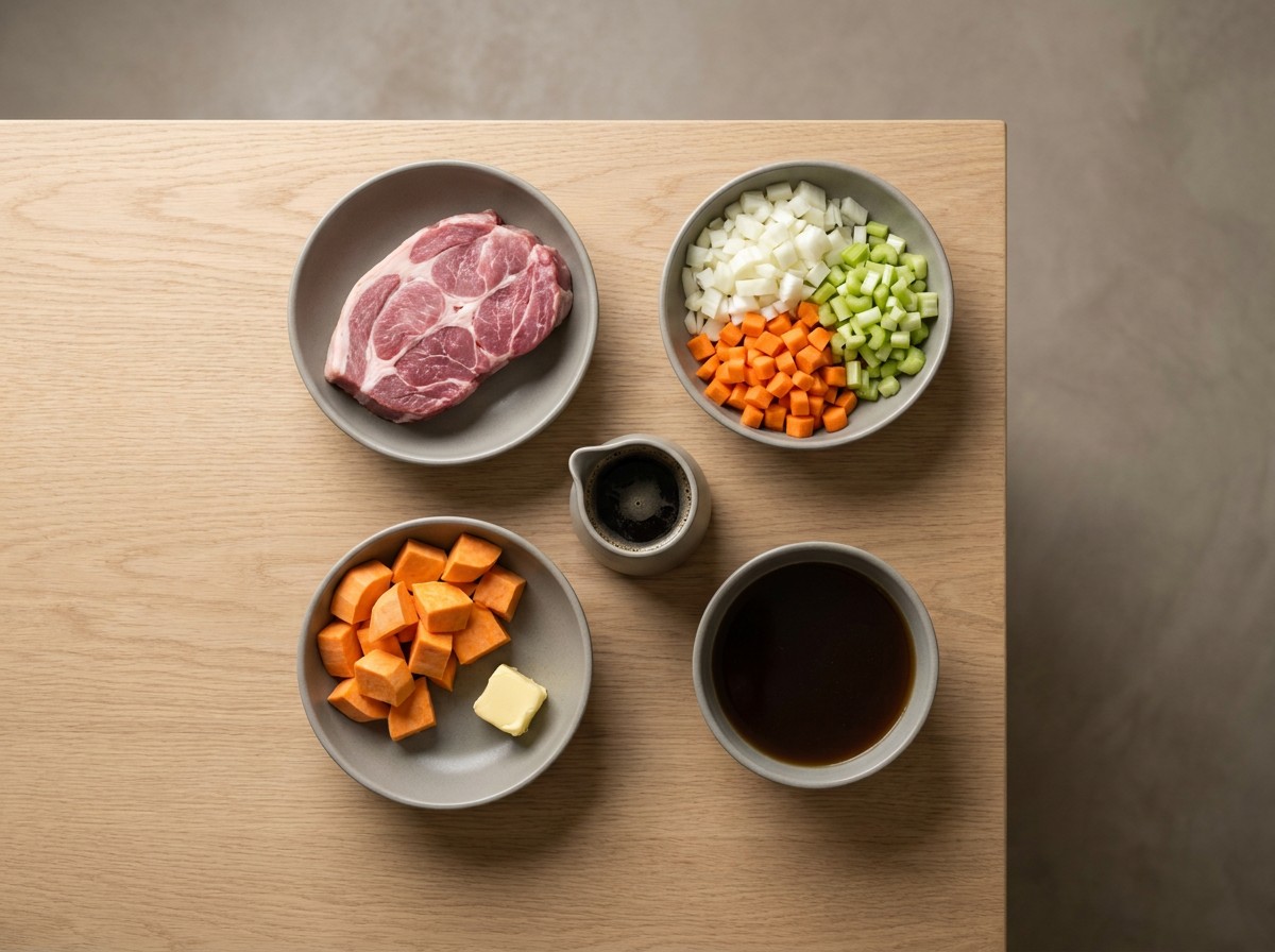 Ingredientes: bondiola de cerdo, cerveza, sofrito, caldo, boniatos y mantequilla
