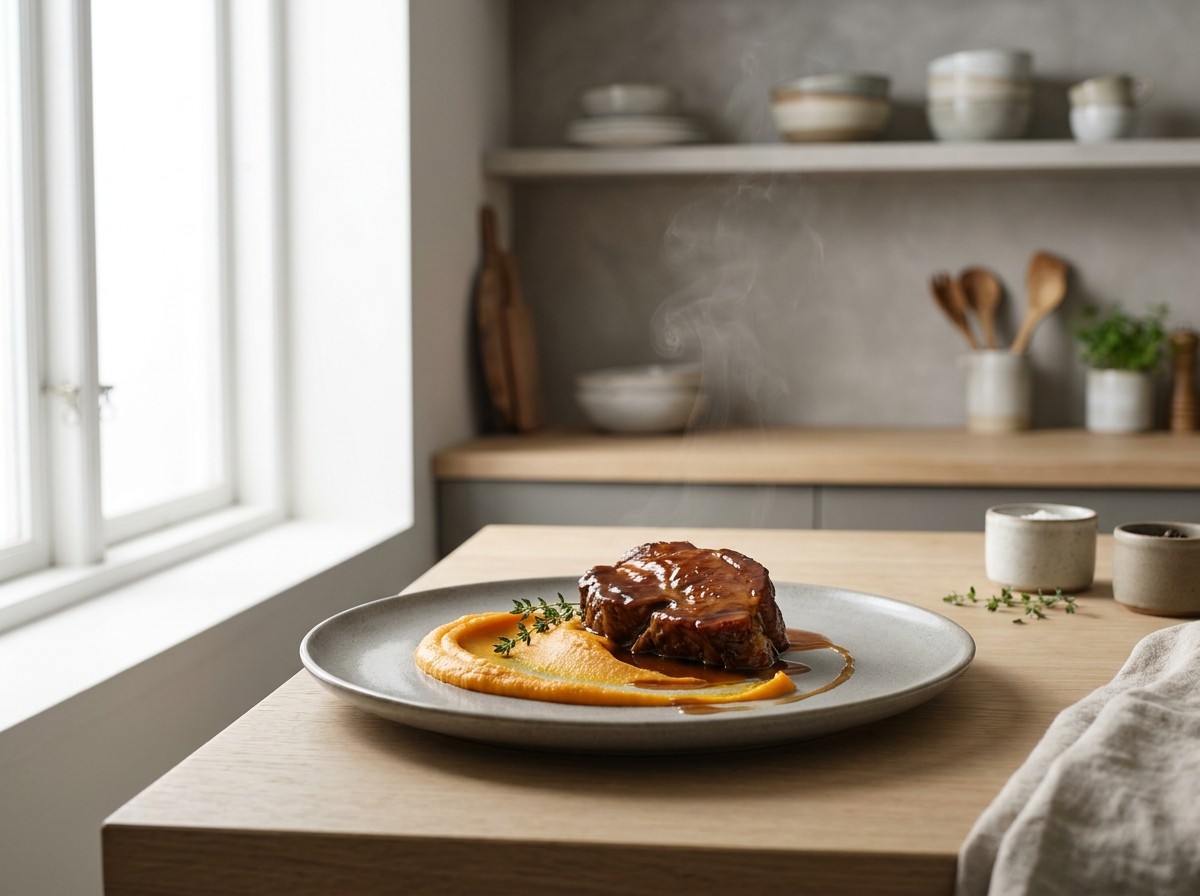 Bondiola braseada en plato de cerámica gris piedra: carne melosa glaseada en salsa oscura de cerveza sobre un puré naranja de boniato, con tomillo.