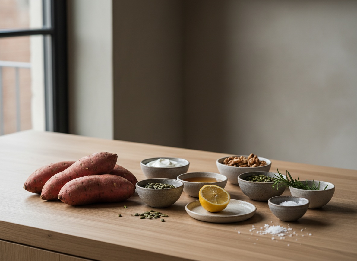 Bodegón de mise en place sobre encimera de piedra clara: cuatro boniatos enteros con piel, cuencos gris piedra con yogur griego, miel, semillas de calabaza, nueces, romero, medio limón y sal en escamas; sin manos.