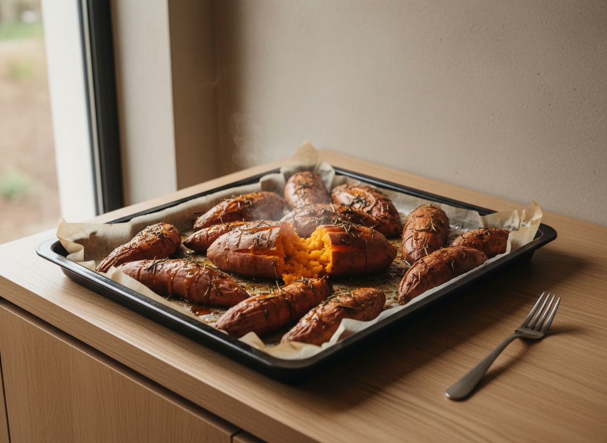 Bandeja de horno recién sacada sobre la encimera con boniatos asados de piel arrugada y jarabe oscuro pegado al papel; uno de ellos abierto a lo largo con un corte de cuchillo, la carne naranja intensa asomando humeante.