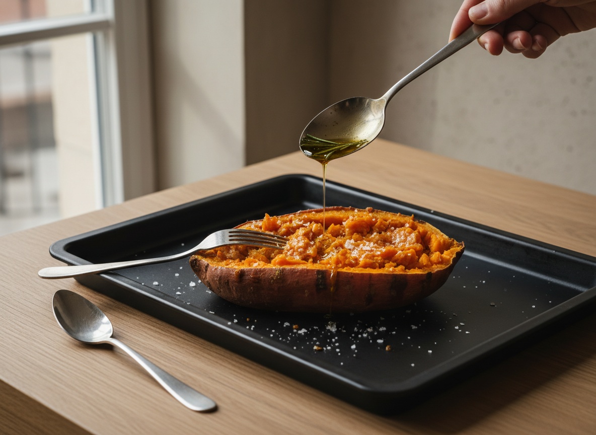 Primer plano de un boniato abierto sobre la bandeja, un tenedor aplastando la carne naranja en grumos dentro de la piel, sal en escamas encima y un hilo de aceite dorado con romero cayendo desde una cuchara.