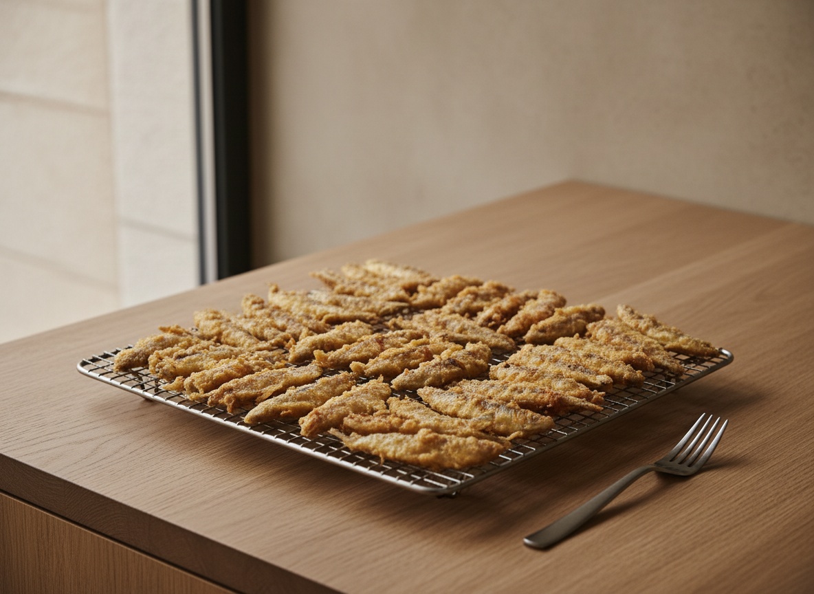 Boquerones en tempura escurriendo sobre una rejilla recién fritos
