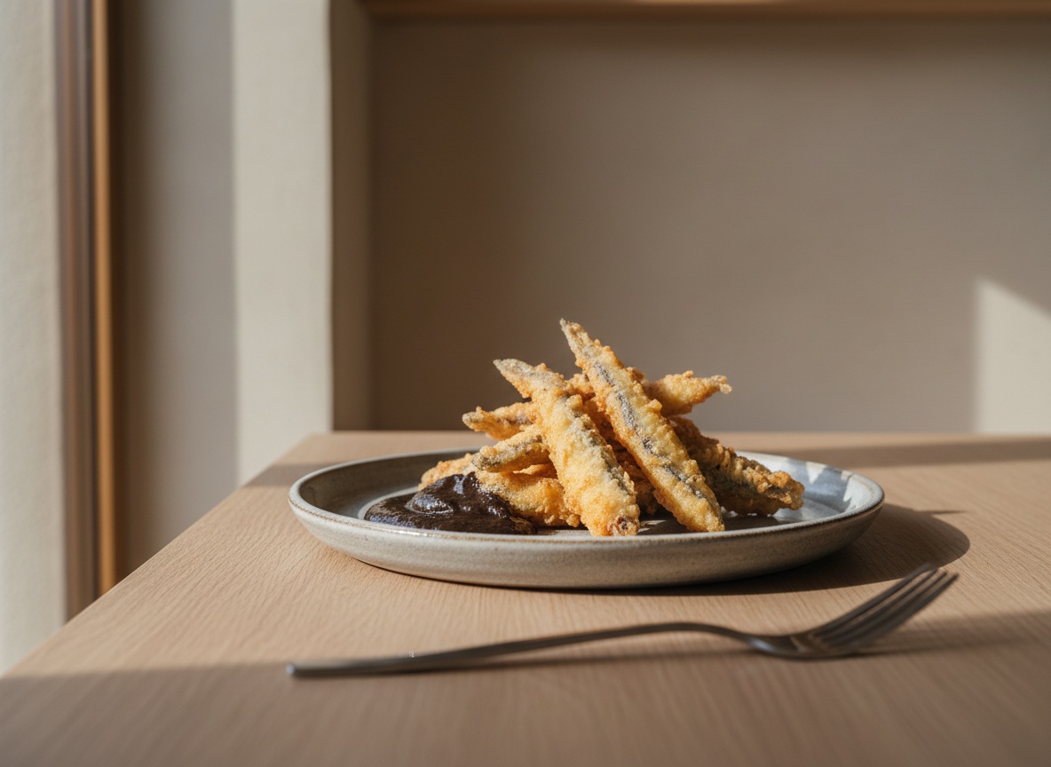 Boquerones en tempura crujiente y dorada apilados junto a un cuenco de alioli oscuro de ajo negro, servidos en cerámica artesanal sobre mesa de roble