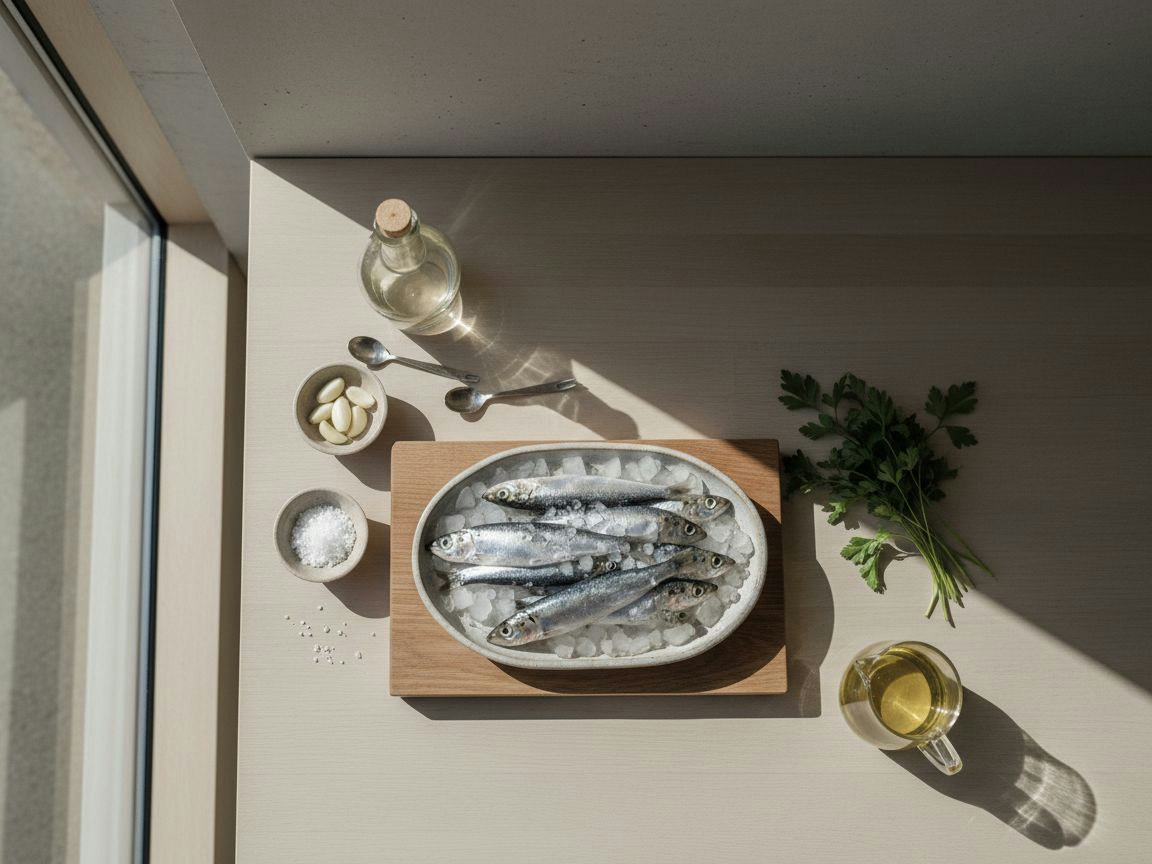 Boquerones frescos enteros sobre hielo junto a vinagre de vino blanco, sal gruesa, ajo, perejil y aceite de oliva virgen extra