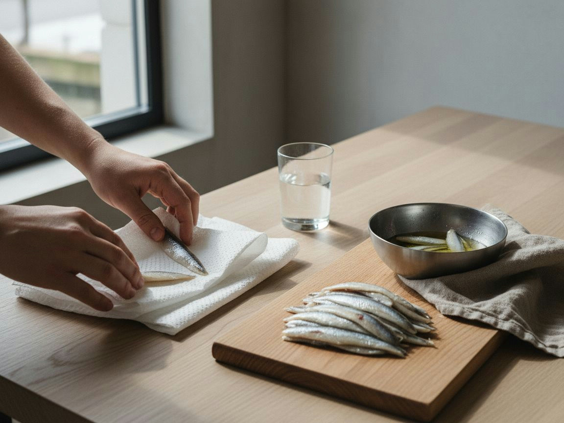Lomos de boquerón ya marinados escurriendo en un colador y secándose sobre papel de cocina