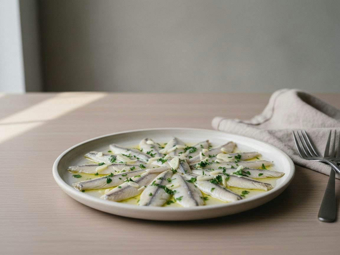 Fuente blanca con boquerones en vinagre ordenados en abanico, lomos blancos nacarados con la piel plateada hacia arriba, cubiertos de láminas de ajo, perejil picado y aceite de oliva virgen extra