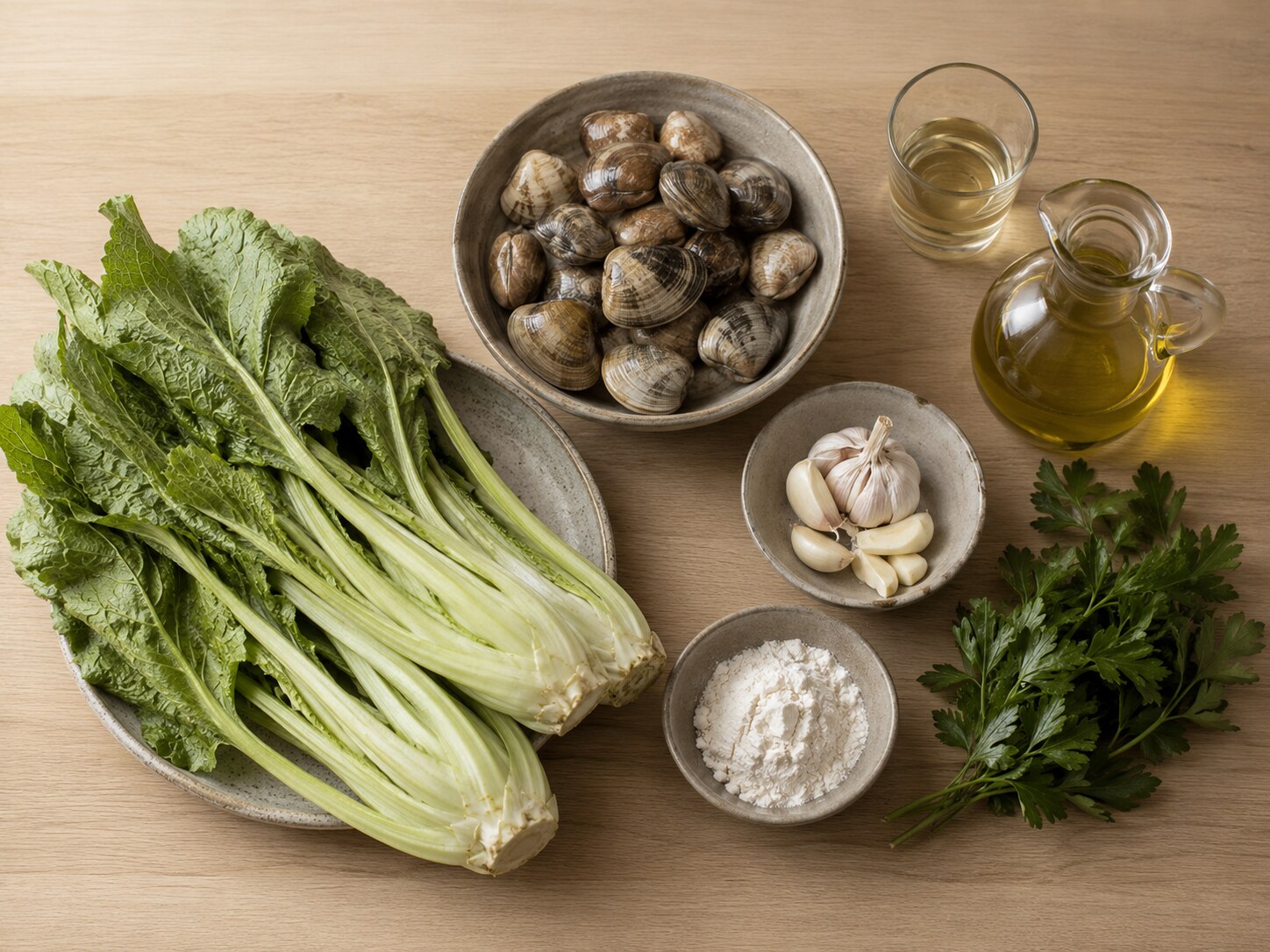 Ingredientes de la borraja con almejas en flat lay: pencas de borraja fresca, almejas, ajos, vino blanco, aceite de oliva, harina y perejil sobre encimera de roble