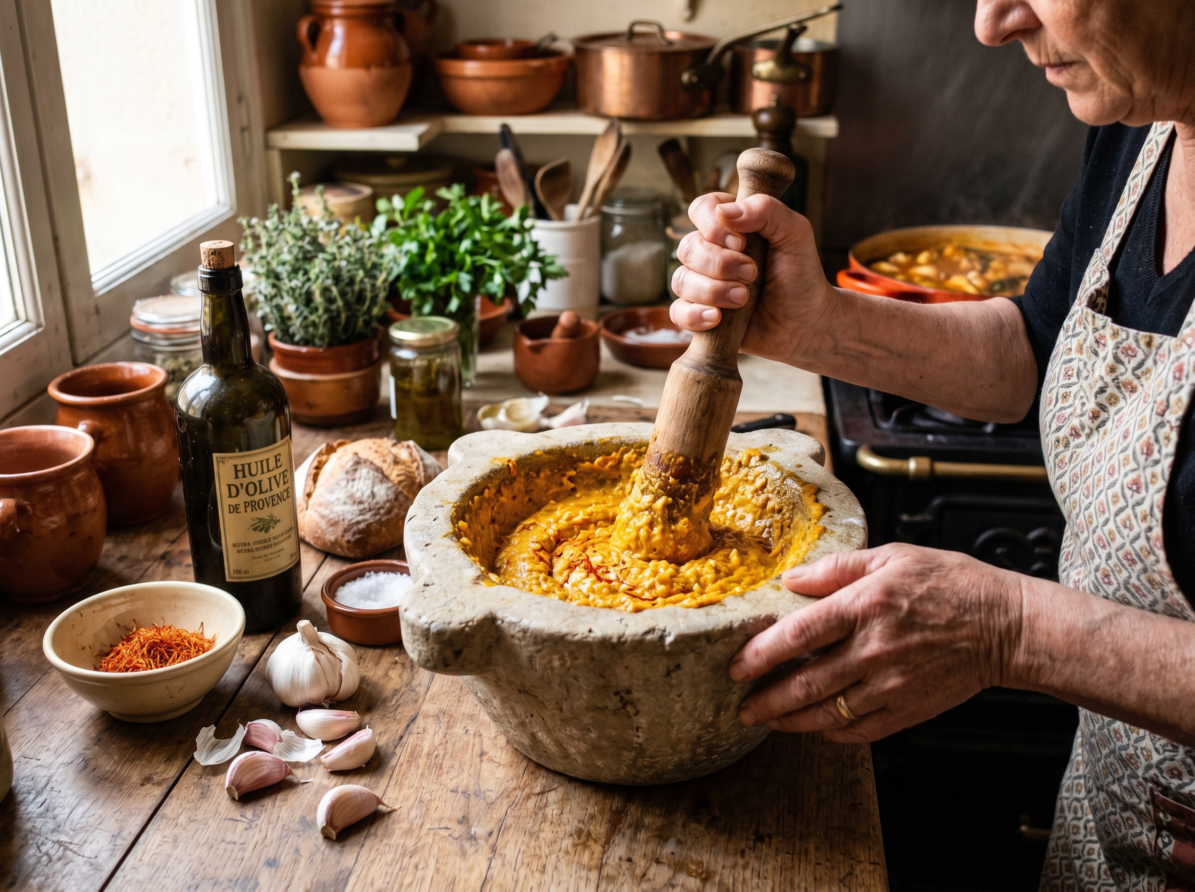 Rouille de azafrán y ajo siendo preparada en mortero
