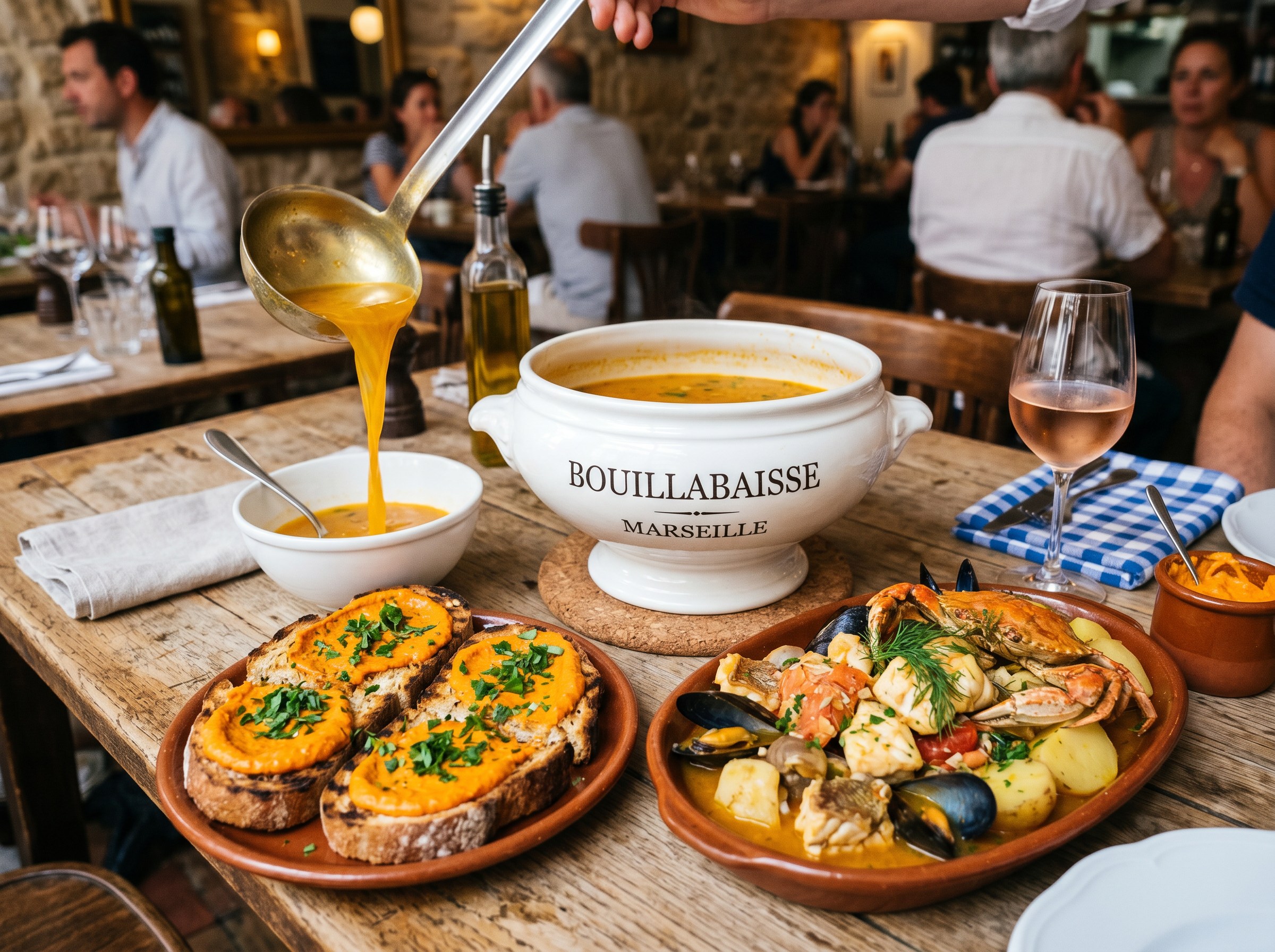 Caldo dorado de azafrán siendo servido aparte en sopera — tradición marsellesa