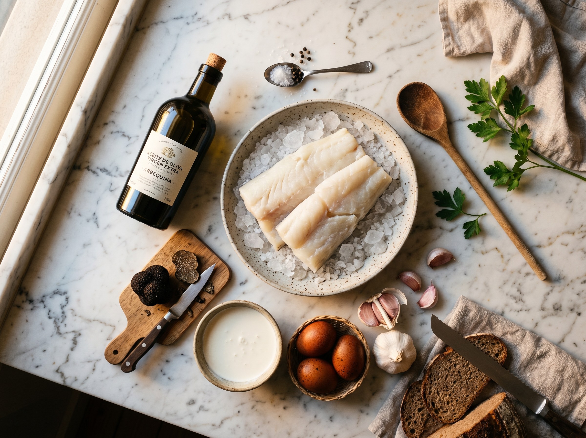 Ingredientes brandade: bacalao desalado, trufa negra fresca, aceite, ajo, nata y pan de centeno