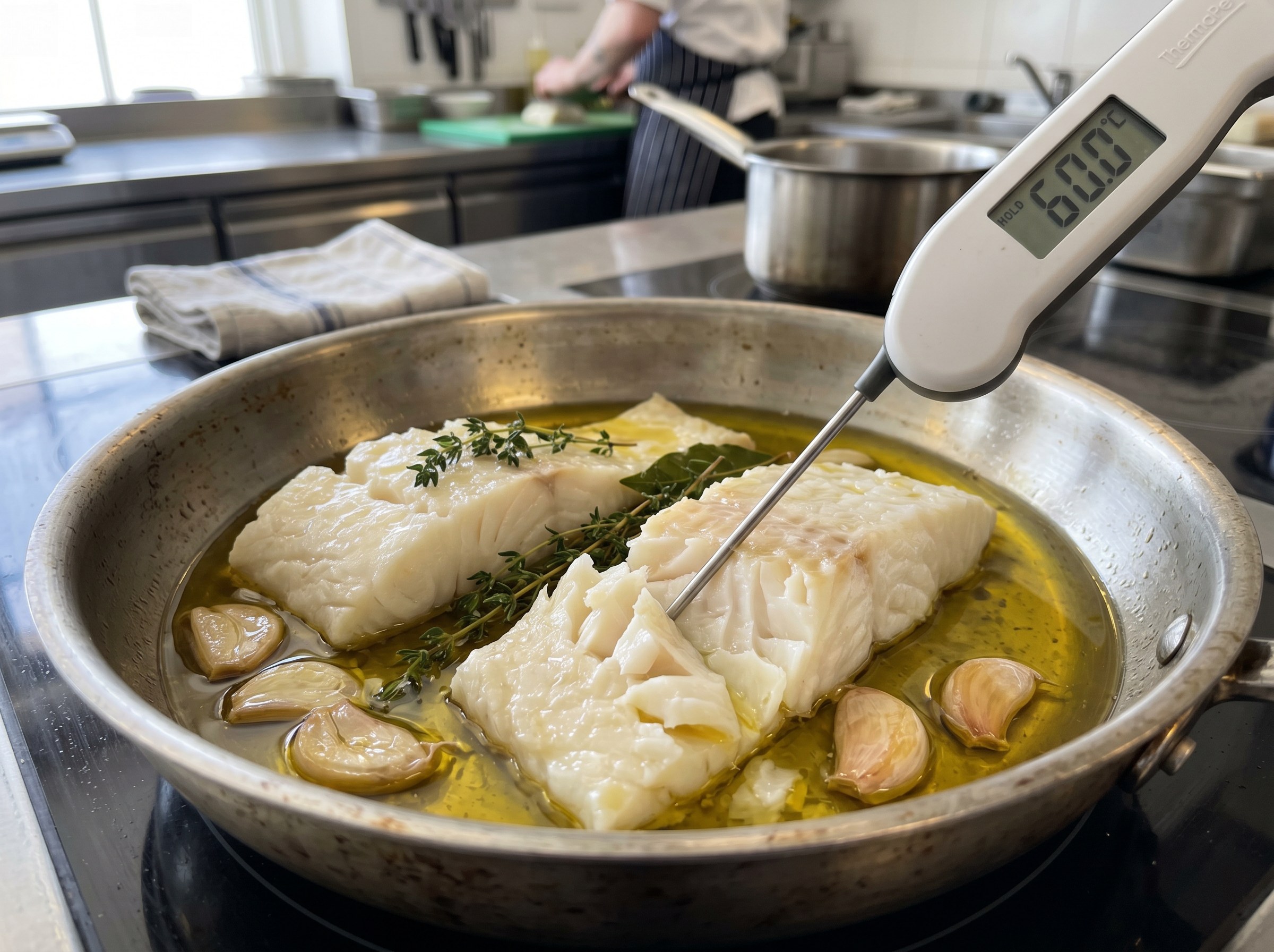 Bacalao confitándose en aceite de oliva con ajo a 60°C exactos, sin una sola burbuja