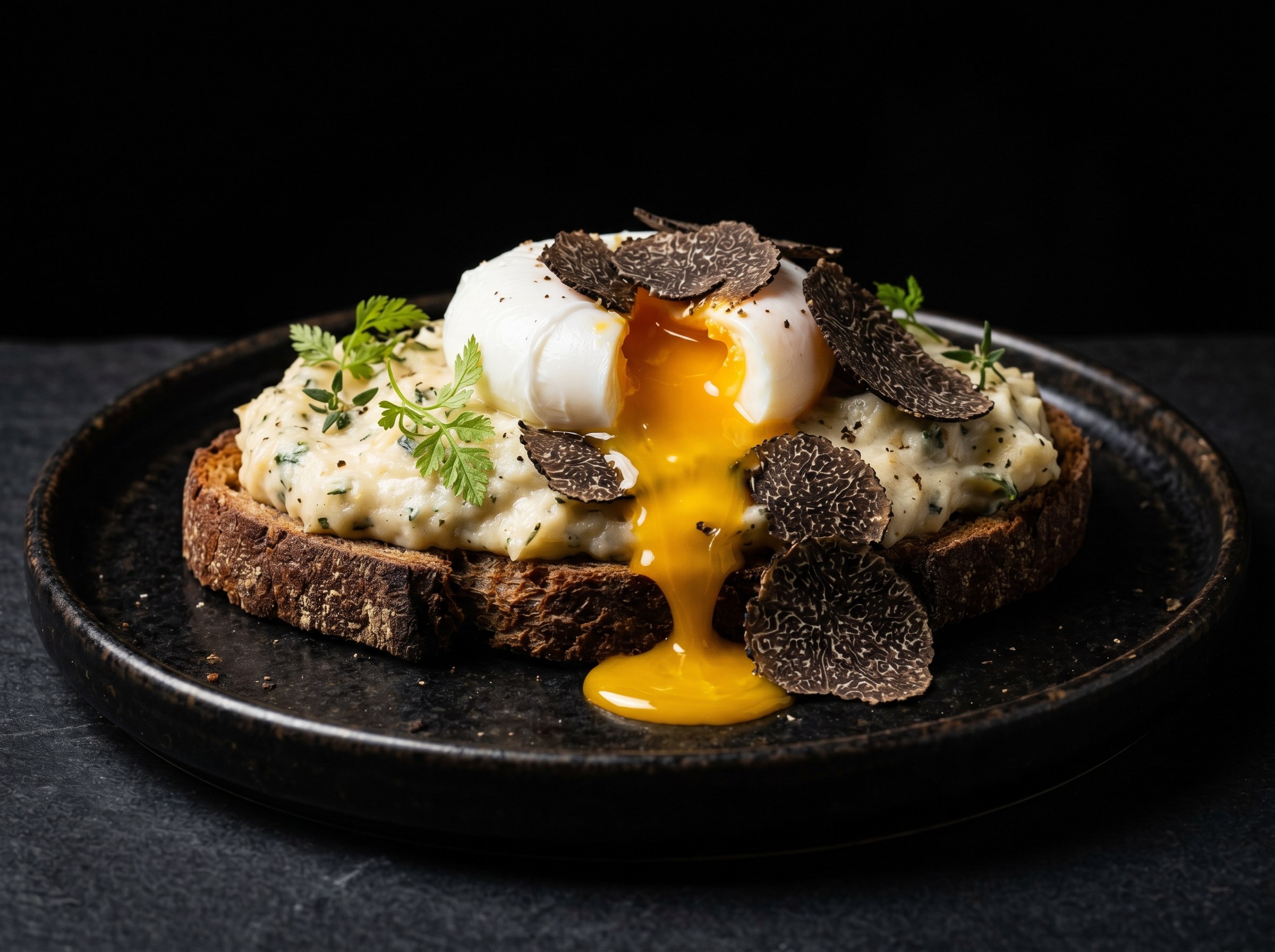 Brandade de bacalao trufada con huevo escalfado y pan de centeno