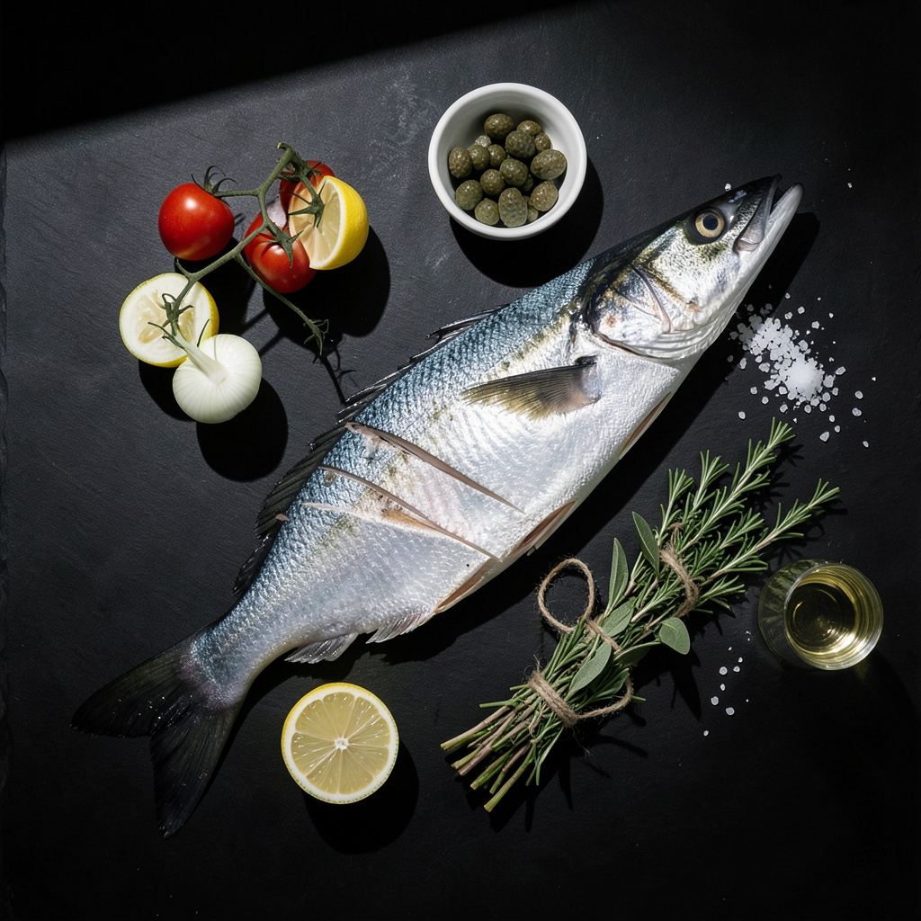Ingredientes branzino al horno: lubina entera, verduras mediterraneas, limon, hierbas, vino blanco