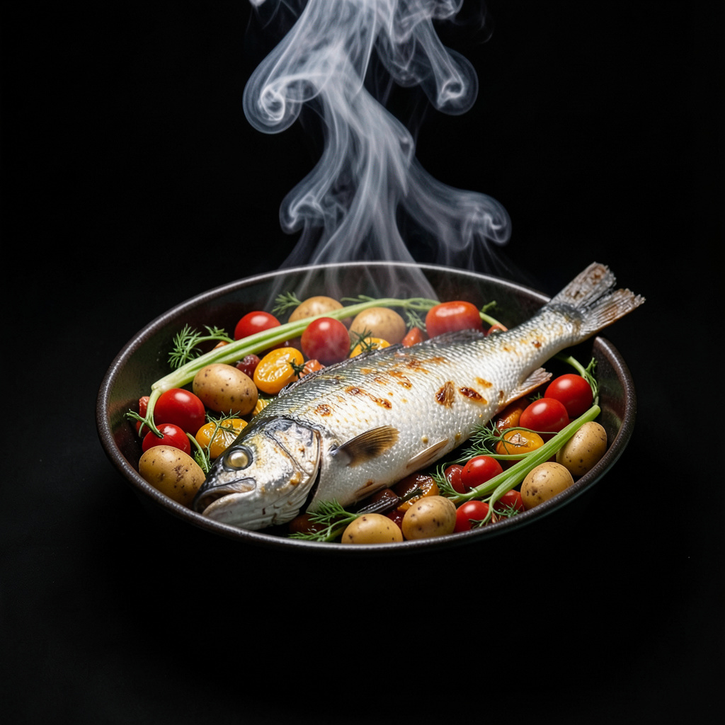 Branzino humeante saliendo del horno con vapor aromatico