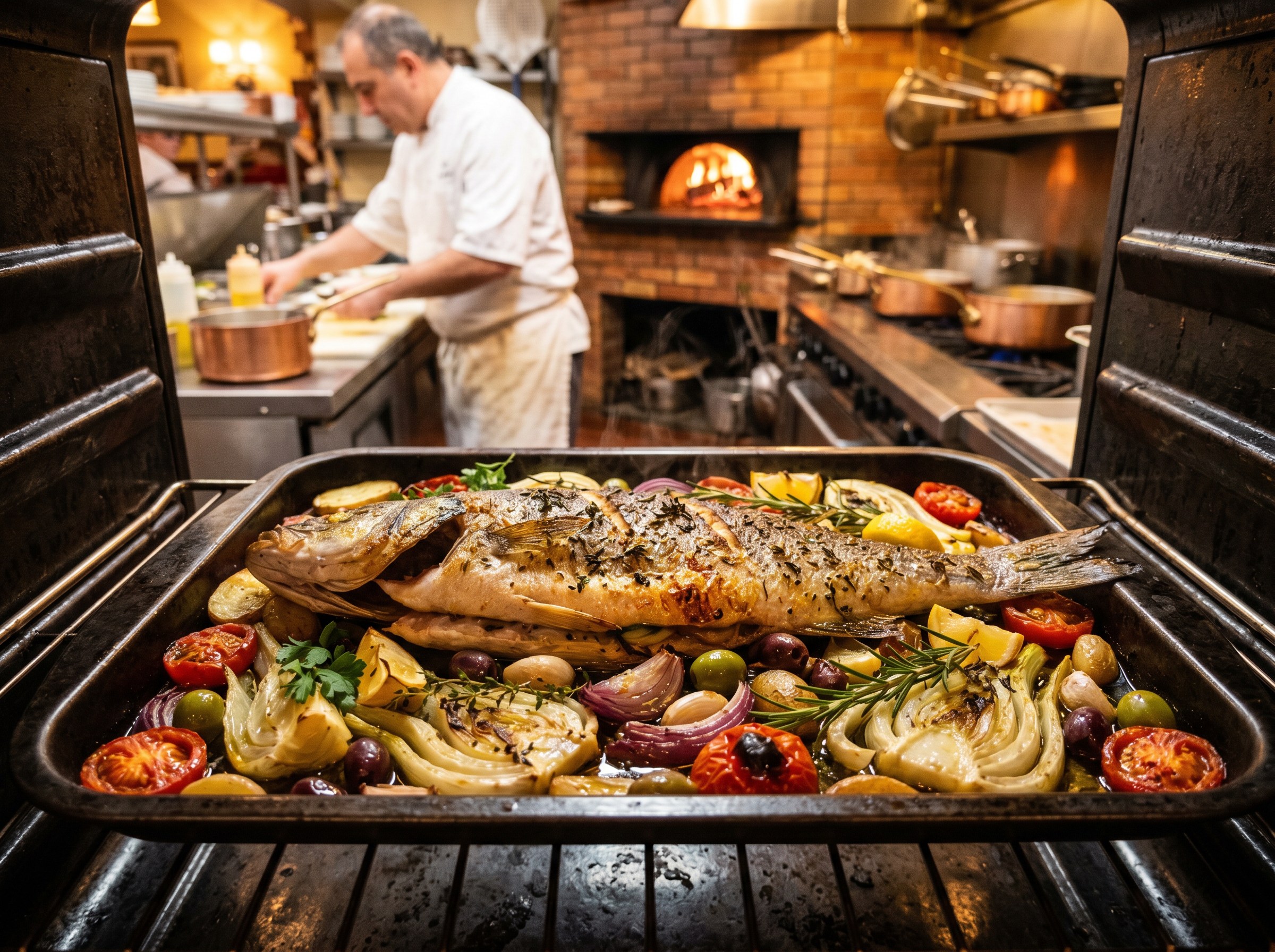 Branzino asandose sobre lecho de verduras mediterraneas en horno, piel crujiendo