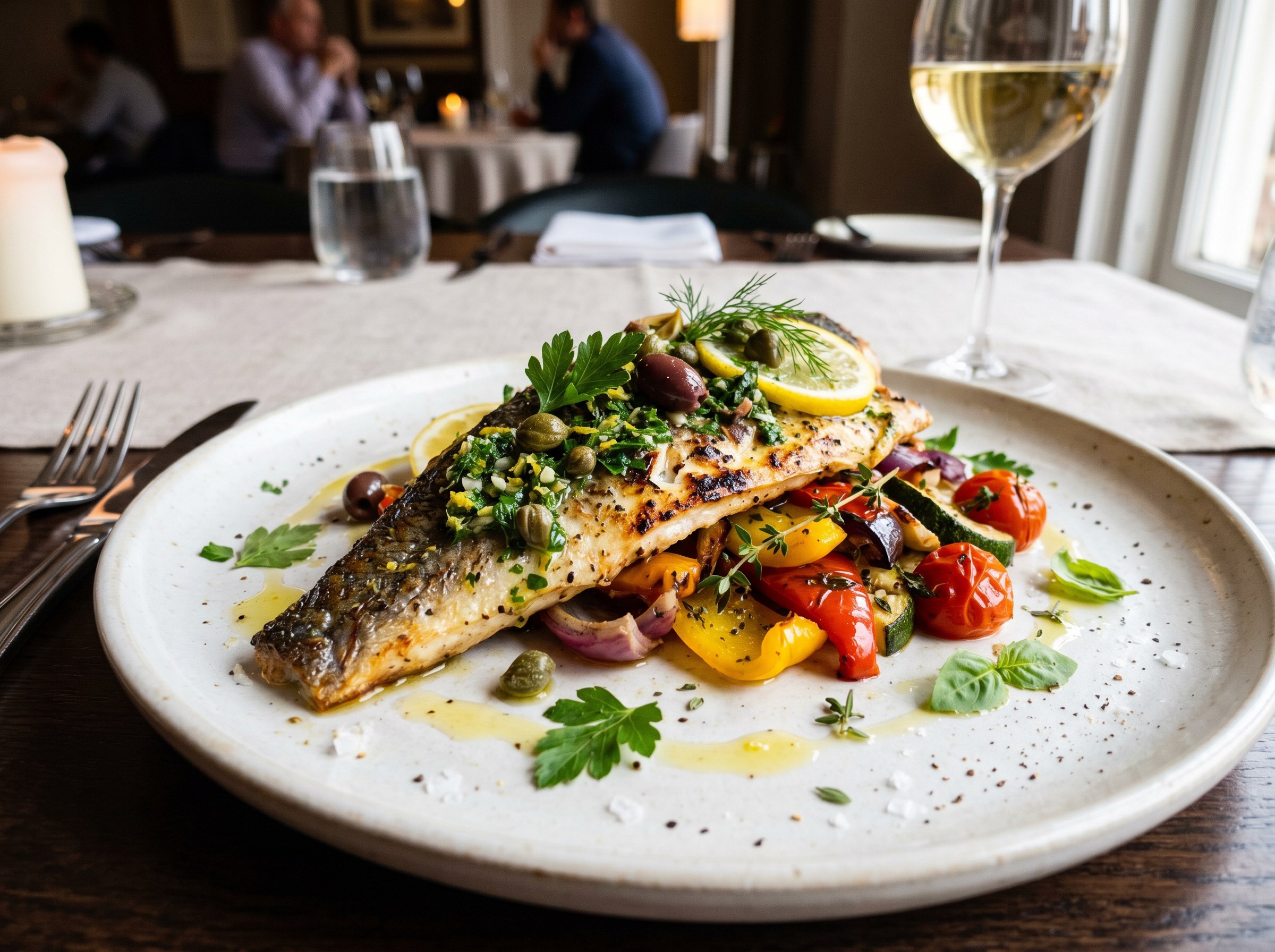 Salsa verde gremolata con alcaparras y hierbas vertida sobre el filete de branzino
