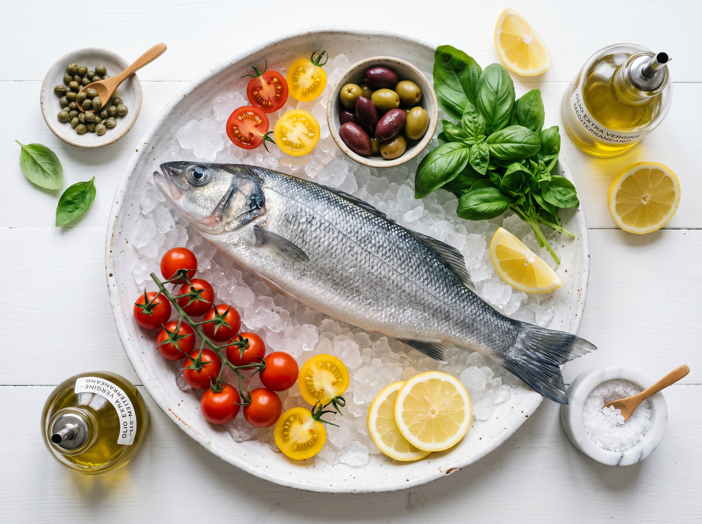 Flat lay ingredientes de la lubina mediterránea
