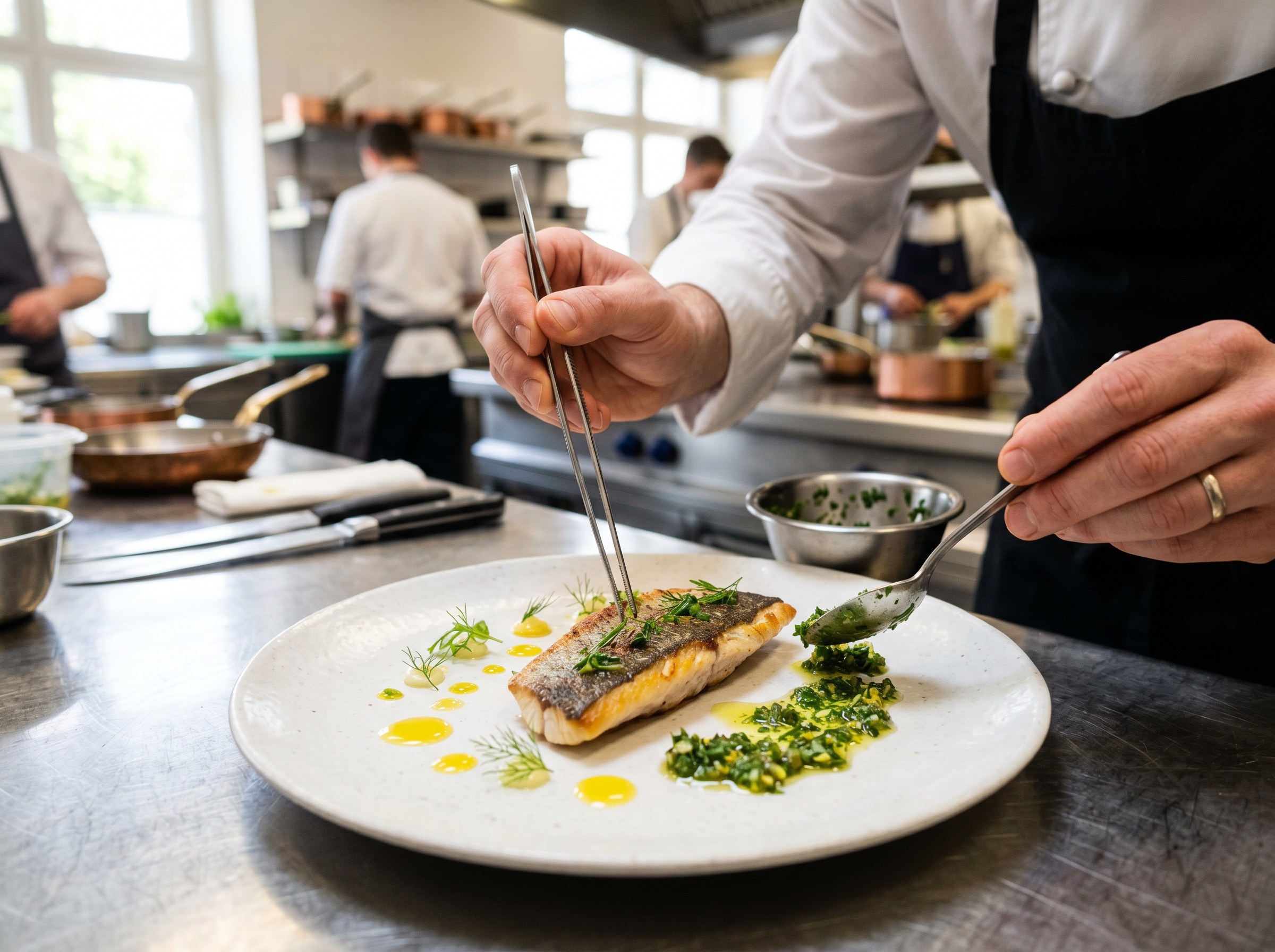 Emplatado del filete de lubina con salsa vierge de hierbas