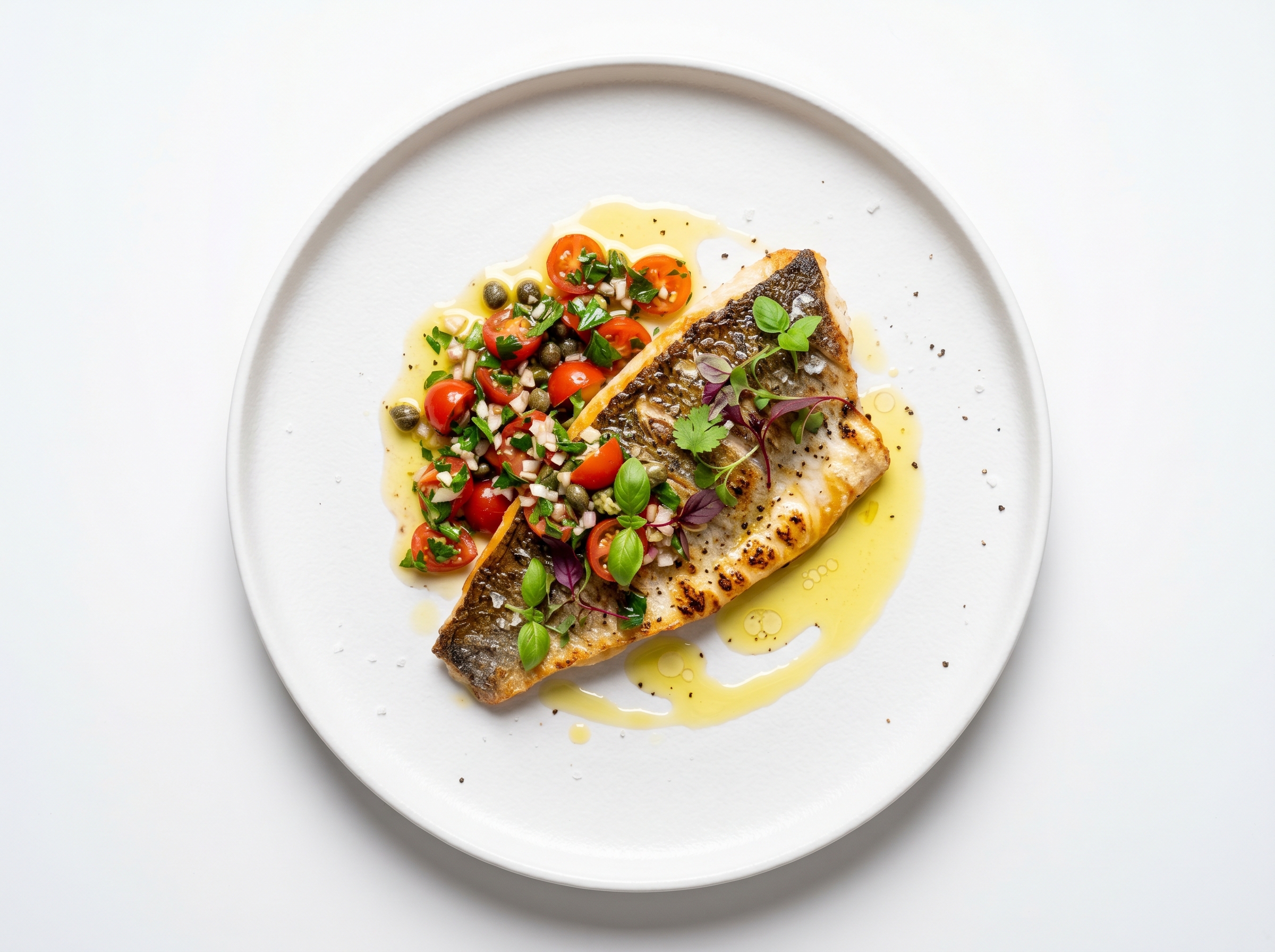 Lubina a la sal con salsa vierge de hierbas y aceite de cítricos
