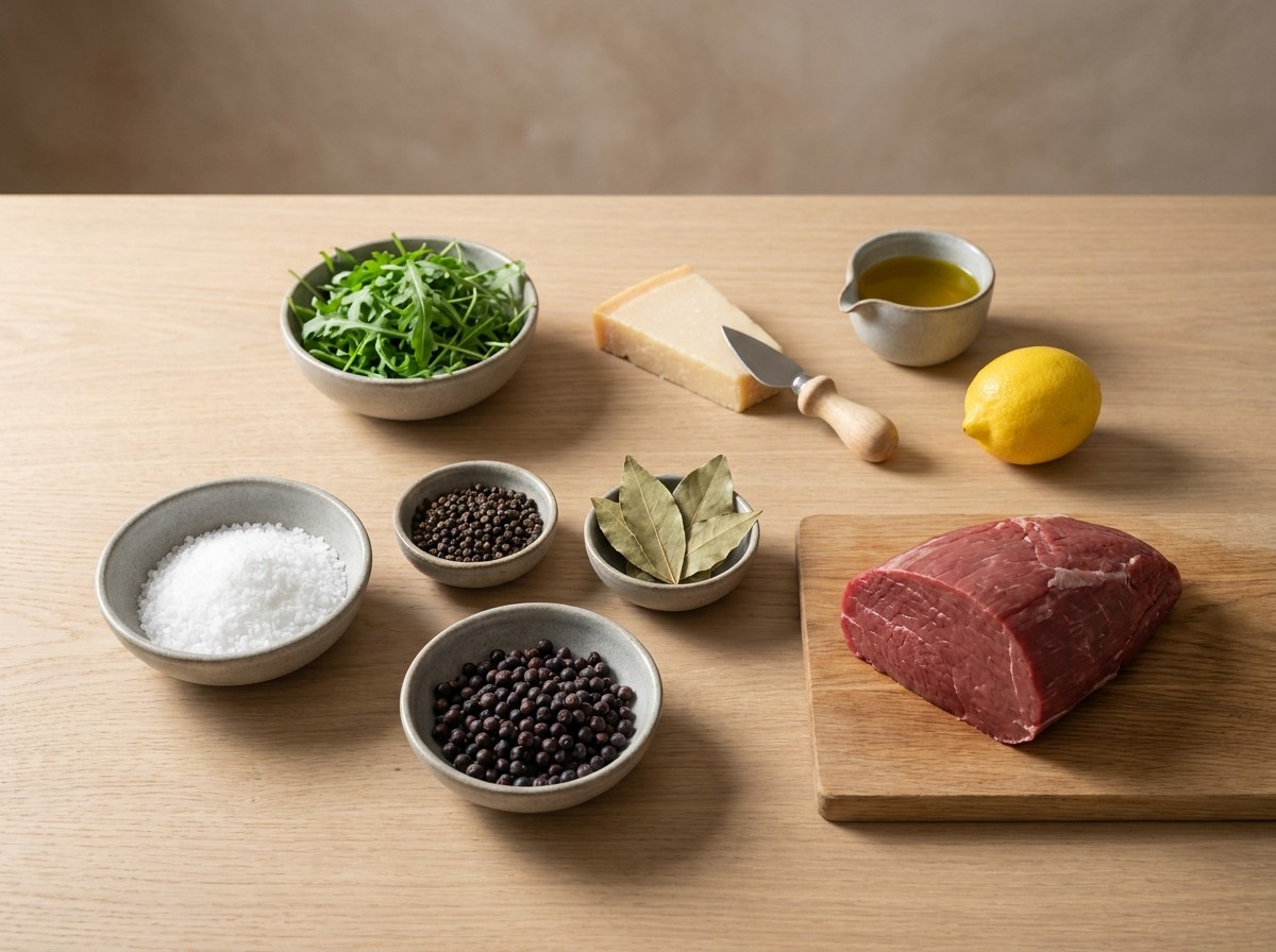 Ingredientes de la bresaola: pieza de vacuno magra, sales, especias, rúcula, parmesano y limón