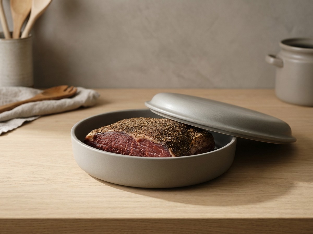 Carne curándose cubierta de sal en un recipiente