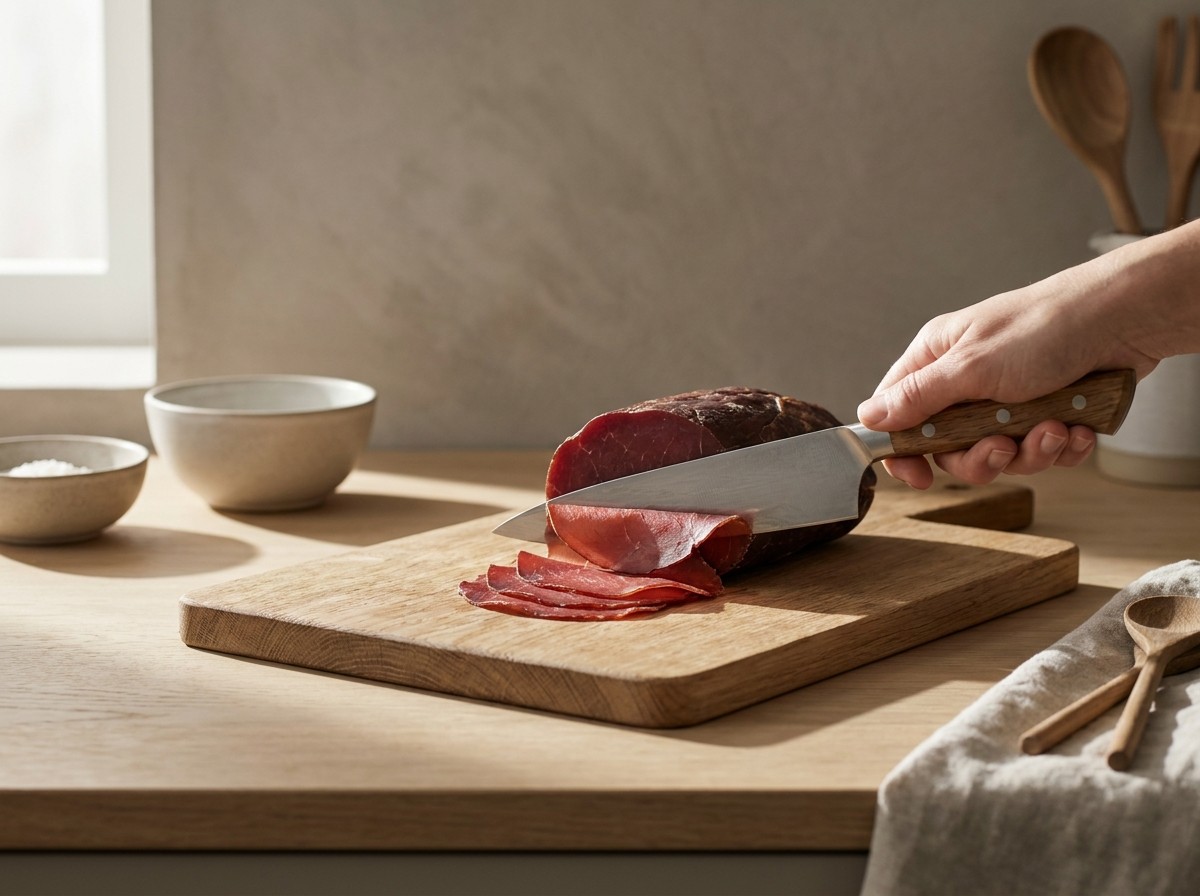Bresaola curada loncheándose finísima con cuchillo afilado