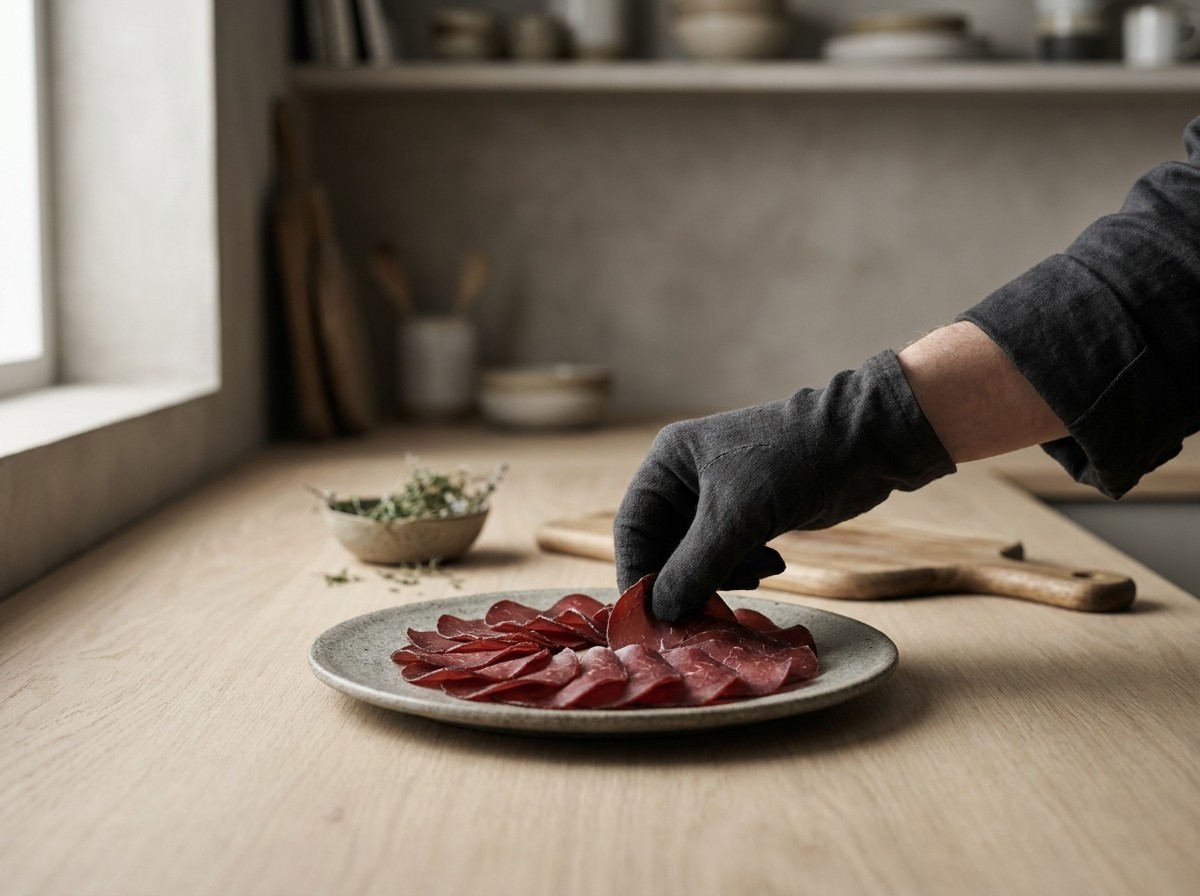 Lonchas de bresaola dispuestas cubriendo el plato
