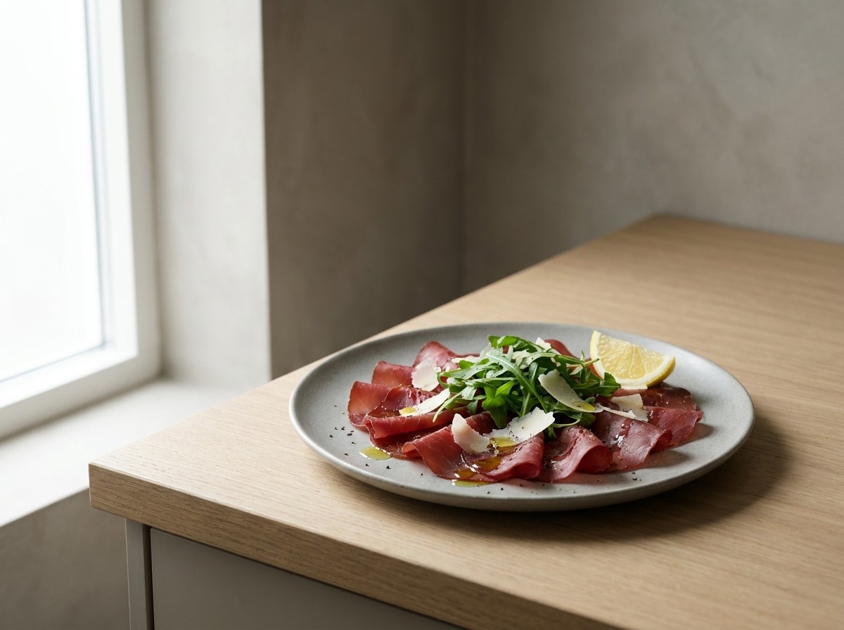 Bresaola casera en plato de cerámica gris piedra: lonchas finas de vacuno curado rojo oscuro con rúcula, lascas de parmesano, aceite y limón.