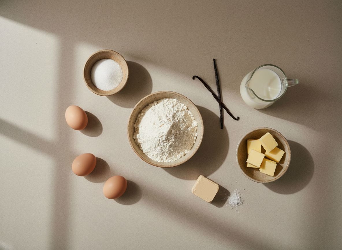 Ingredientes del brioche: harina de fuerza, huevos, azucar, mantequilla fria, leche y vainilla