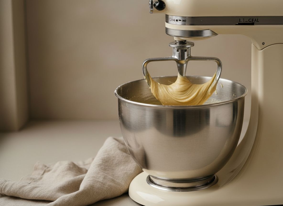 Masa de brioche trabajada con el gancho en la amasadora hasta despegarse del bol