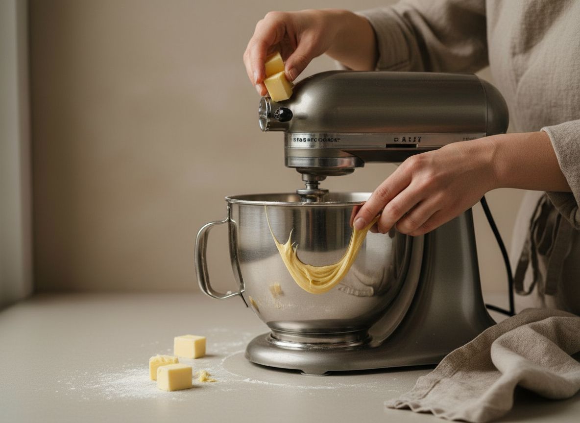 Incorporando dados de mantequilla fria a la masa de brioche en la amasadora