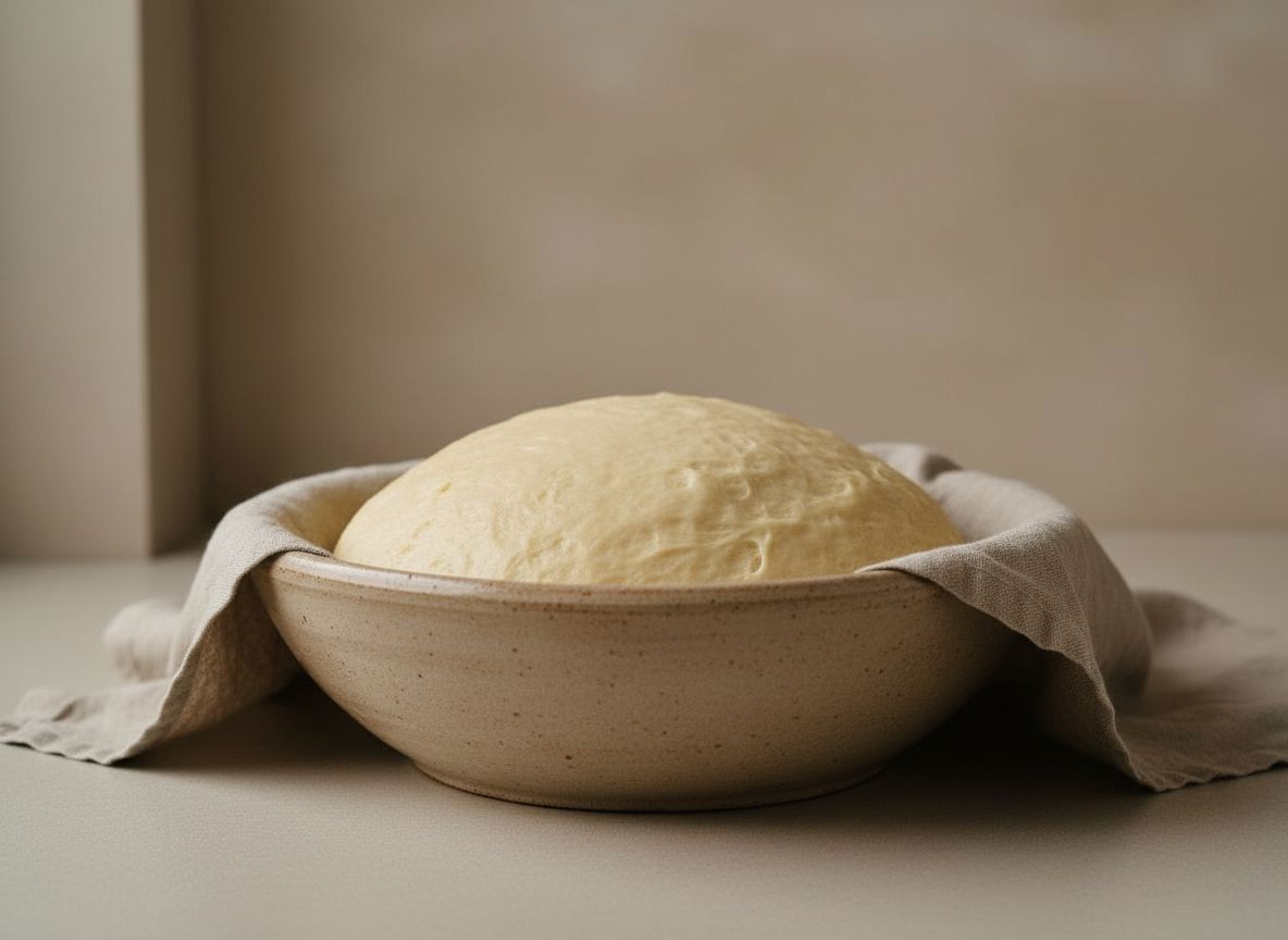 Primer levado de la masa de brioche en un bol de ceramica bajo un pano