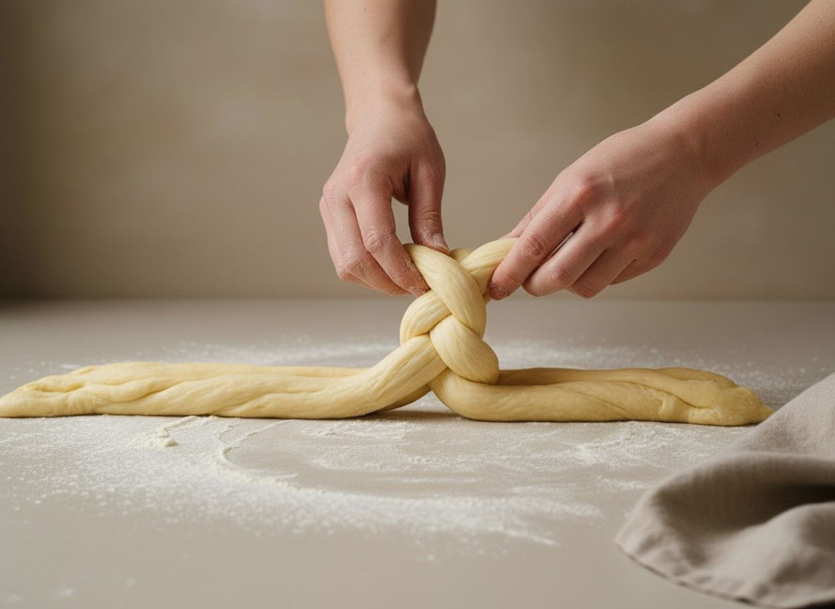 Trenzado de las tres tiras de masa de brioche sobre la encimera enharinada