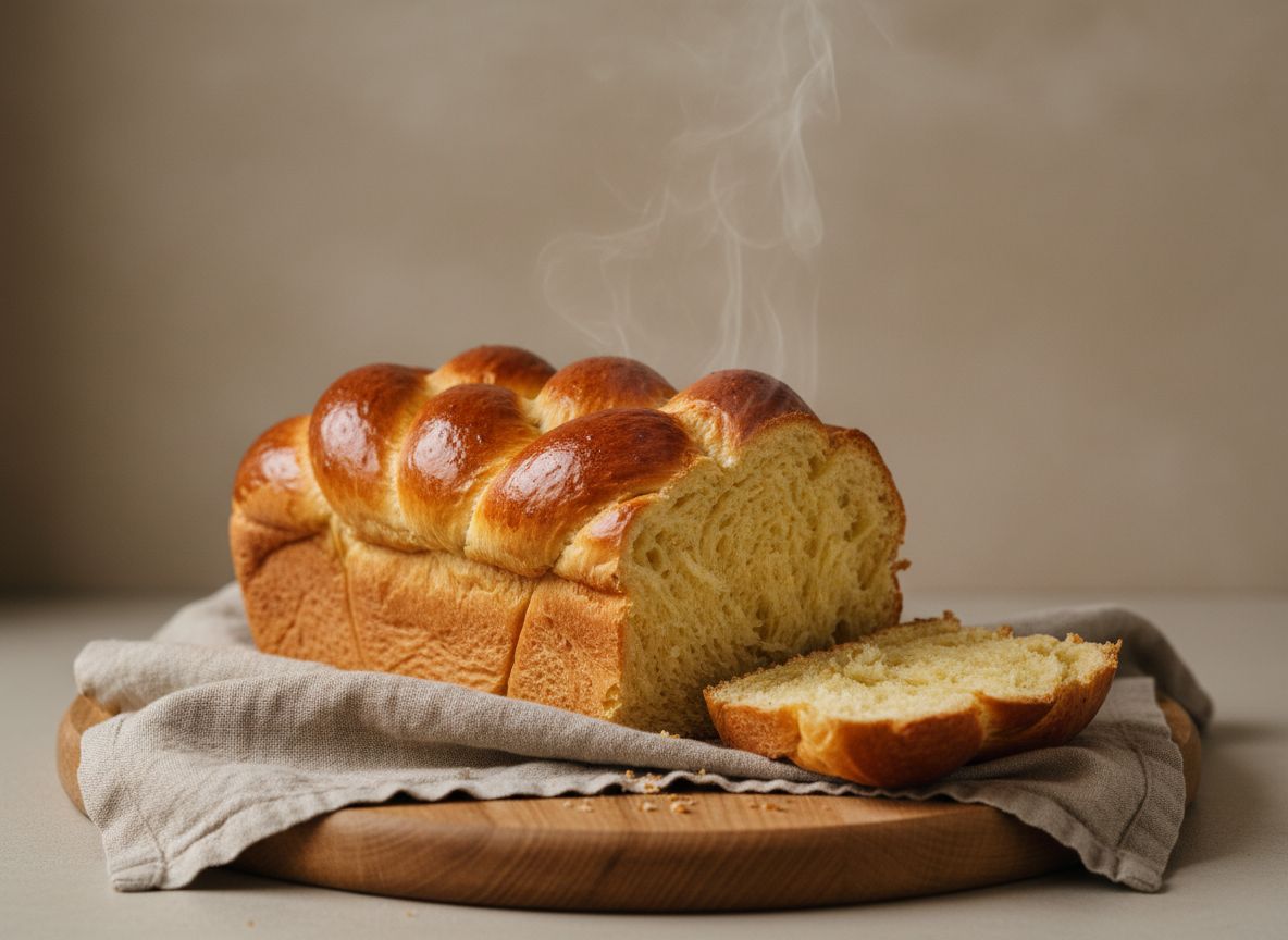 Brioche trenzado horneado, dorado y brillante, con una rebanada mostrando la miga sedosa