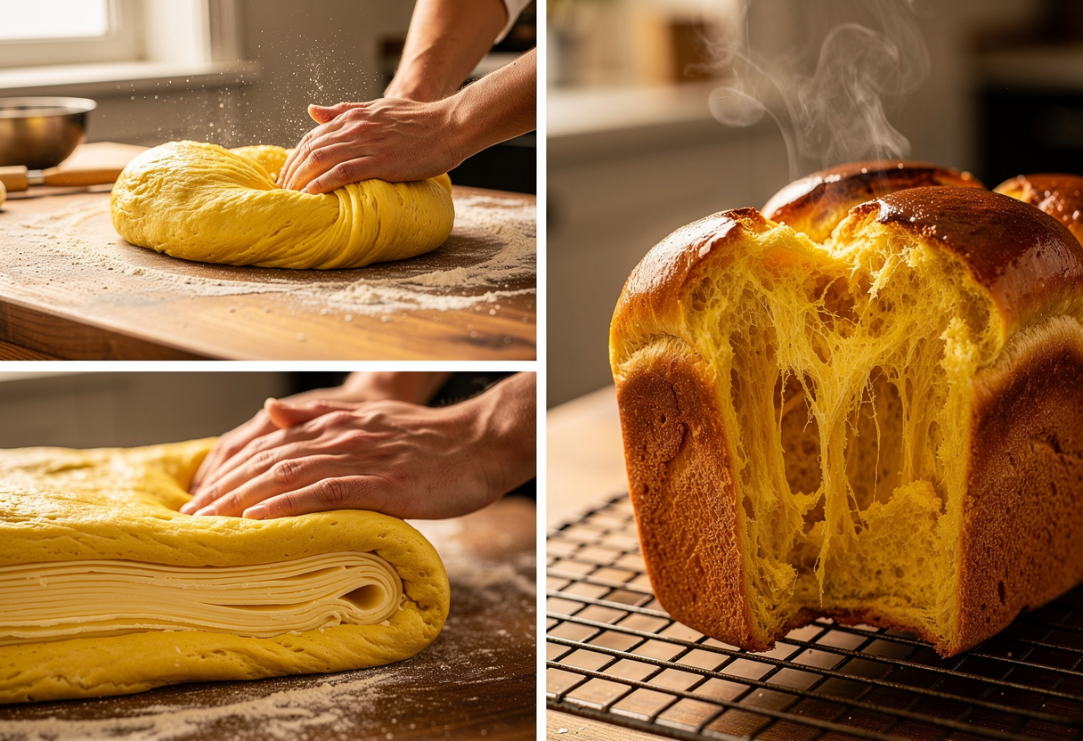 Masa de brioche amasándose con gancho, brillante y elástica con la mantequilla integrada