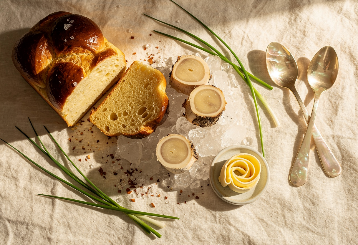 Brioche dorado oscuro recién salido del horno, corteza caoba, miga aireada