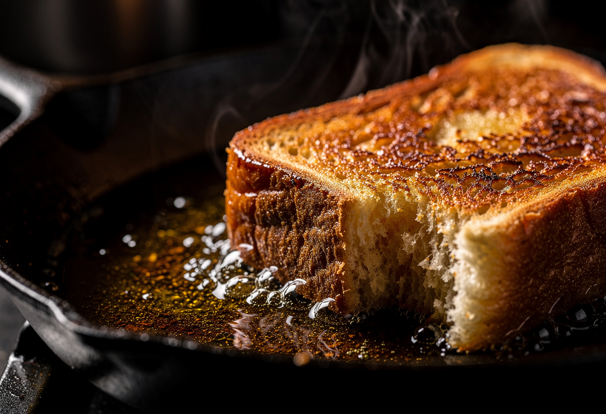 Rebanada de brioche tostándose en beurre noisette dorado, costra formándose