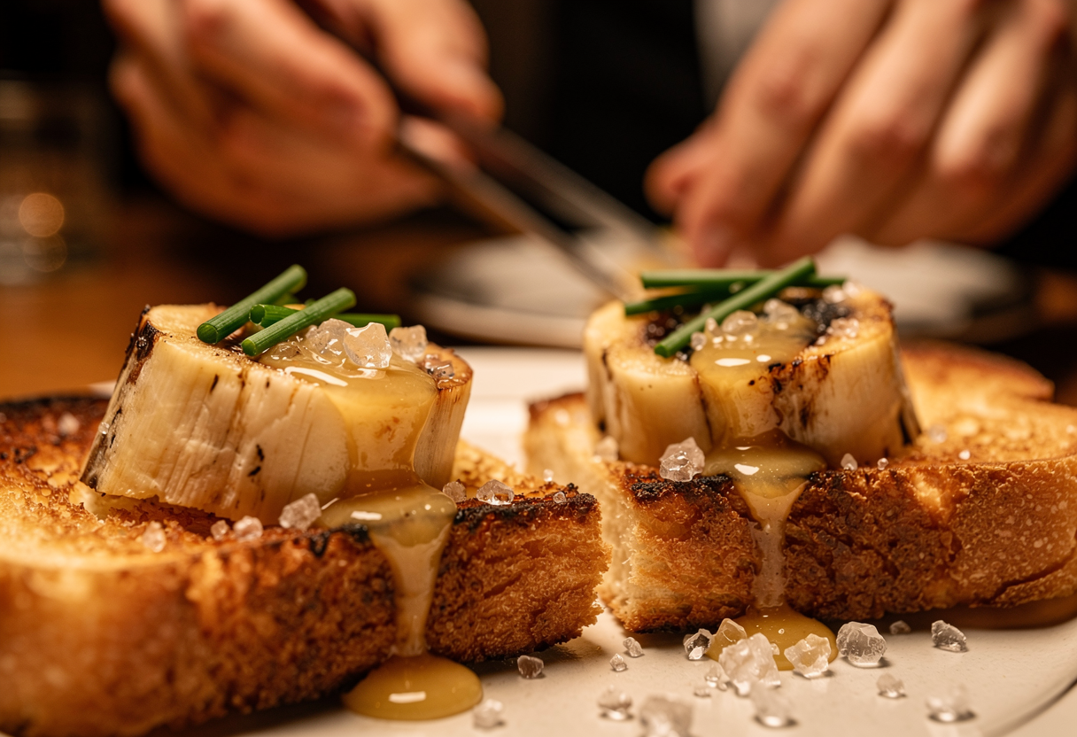 Montaje: rodajas de tuétano caliente sobre brioche noisette, fundiéndose en los bordes