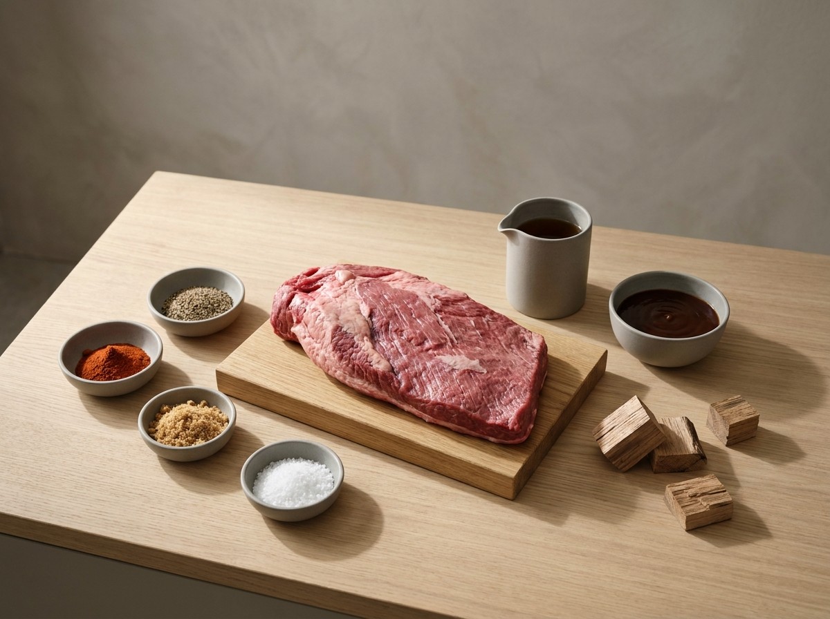 Ingredientes del brisket: pecho de vacuno, especias del rub, bourbon, salsa barbacoa y leña