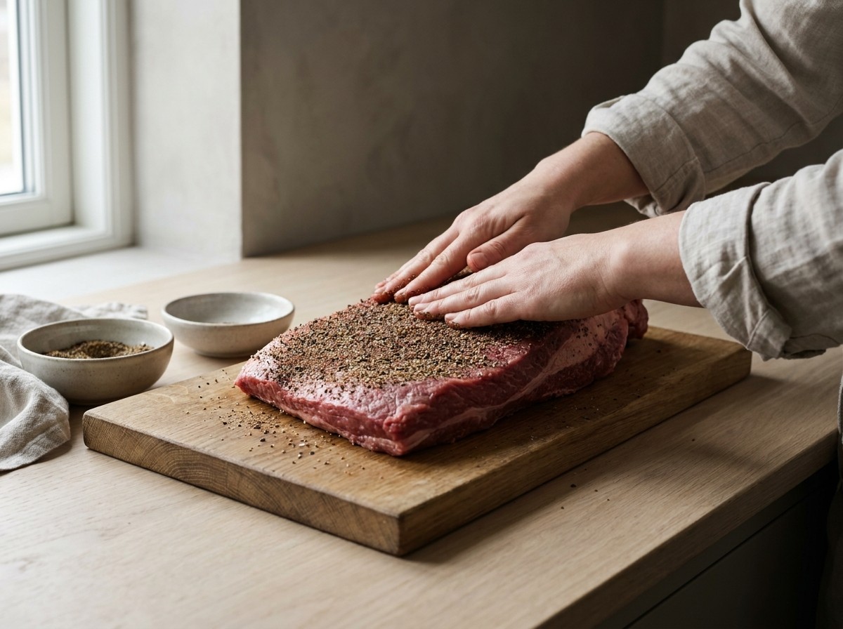 Brisket cubriéndose con el rub de especias